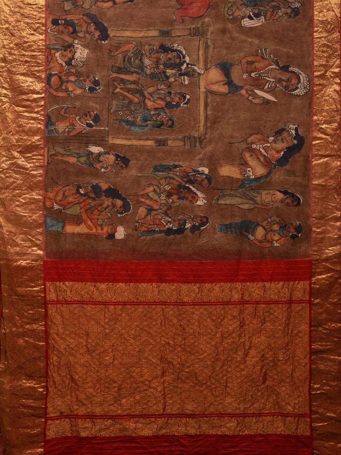Brown and Red Kalamkari Hand Painted Kanchipuram Silk Handloom Saree with Ajanta Cave Painting Design KL0515