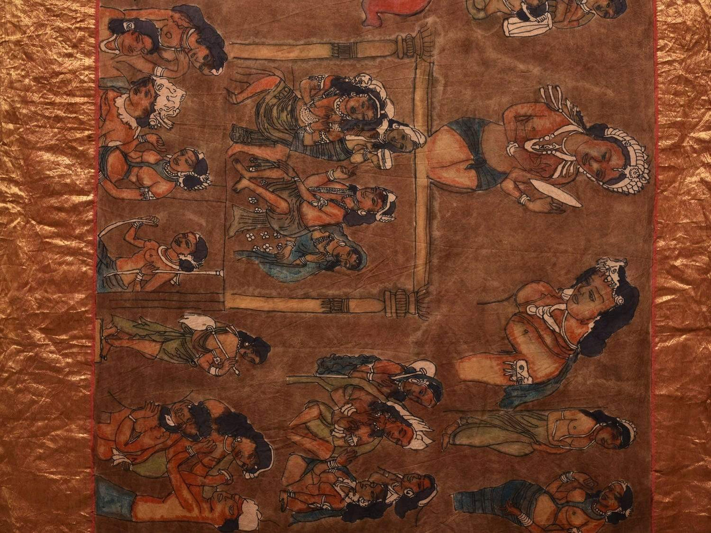 Brown and Red Kalamkari Hand Painted Kanchipuram Silk Handloom Saree with Ajanta Cave Painting Design KL0515