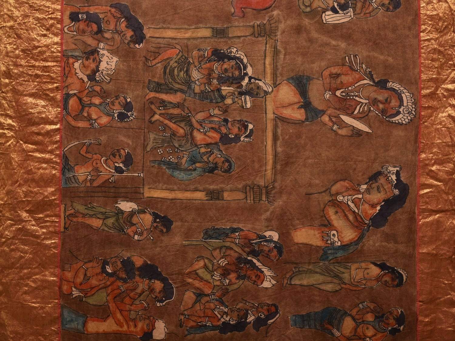 Brown and Red Kalamkari Hand Painted Kanchipuram Silk Handloom Saree with Ajanta Cave Painting Design KL0515