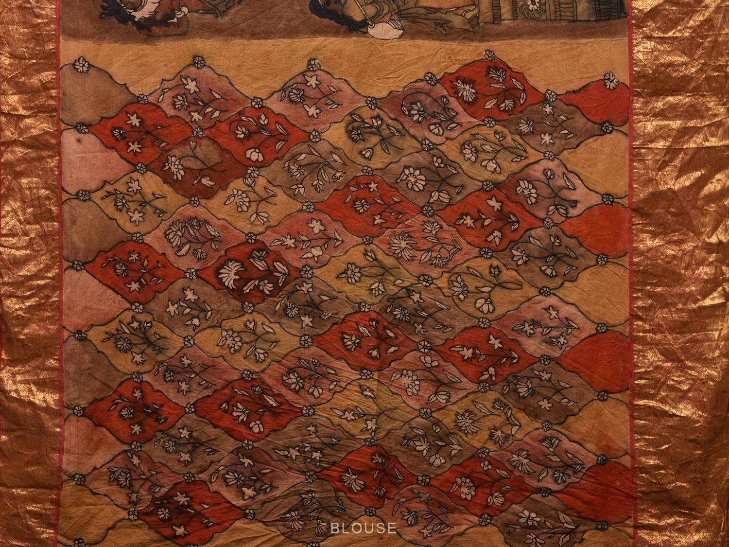 Brown and Red Kalamkari Hand Painted Kanchipuram Silk Handloom Saree with Ajanta Cave Painting Design KL0515