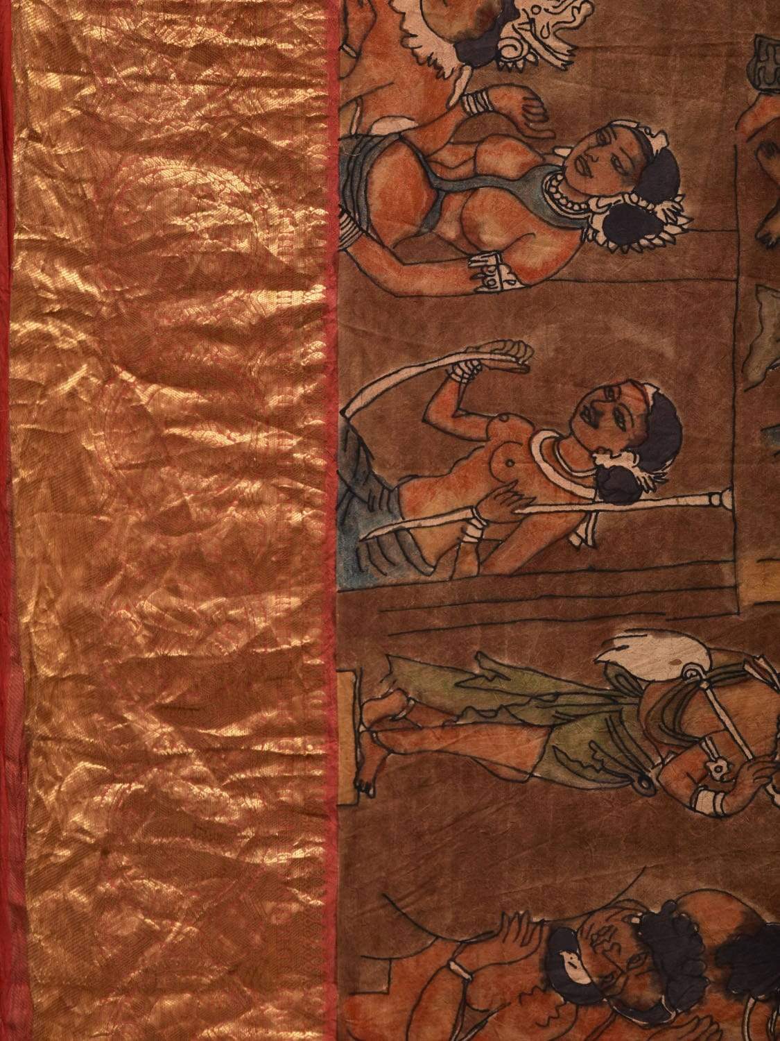 Brown and Red Kalamkari Hand Painted Kanchipuram Silk Handloom Saree with Ajanta Cave Painting Design KL0515