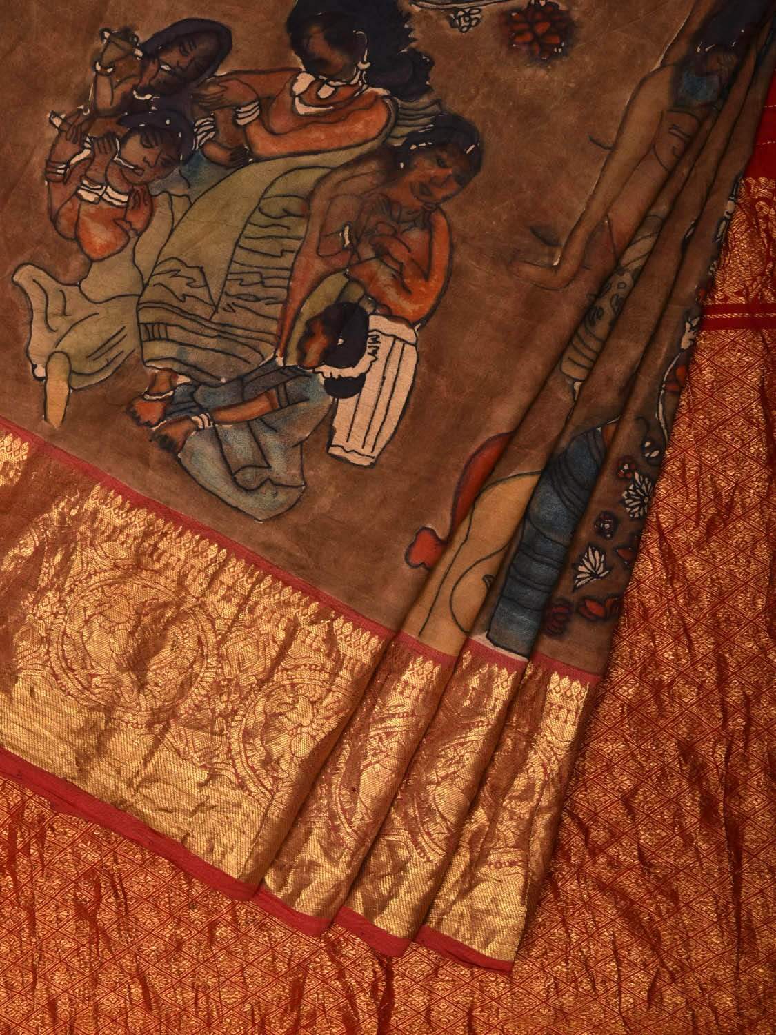 Brown and Red Kalamkari Hand Painted Kanchipuram Silk Handloom Saree with Ajanta Cave Painting Design KL0515
