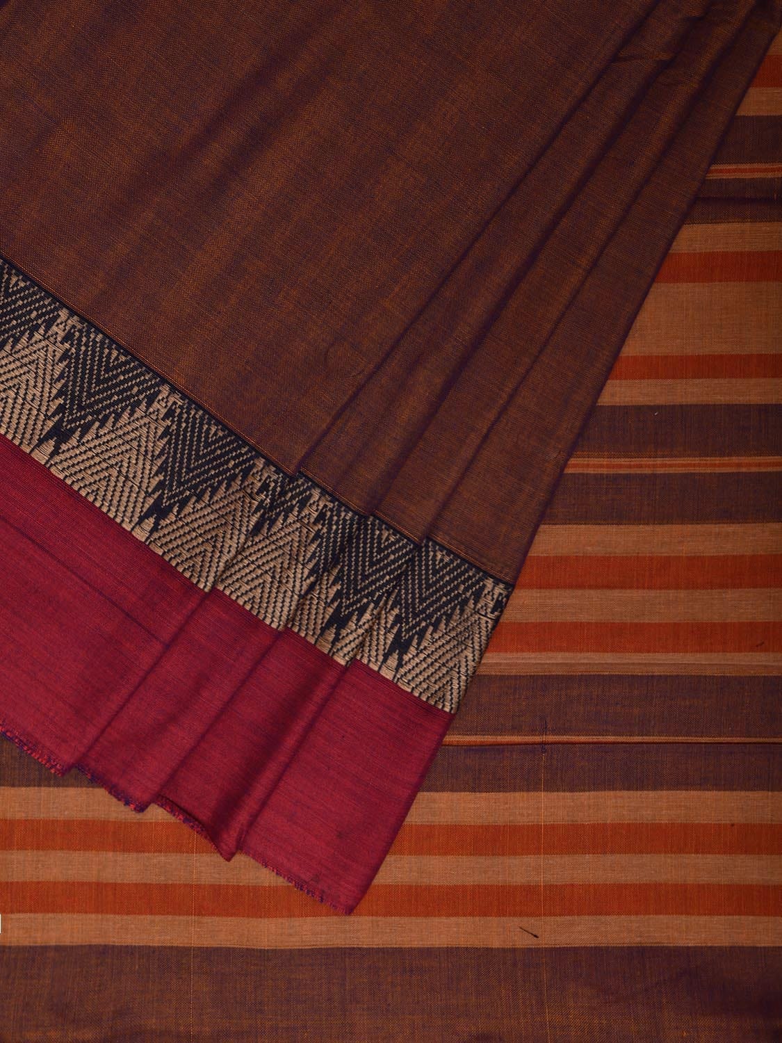 Brown and Red Narayanpet Cotton Plain Saree with Strips and Temple Border Design No Blouse np1101