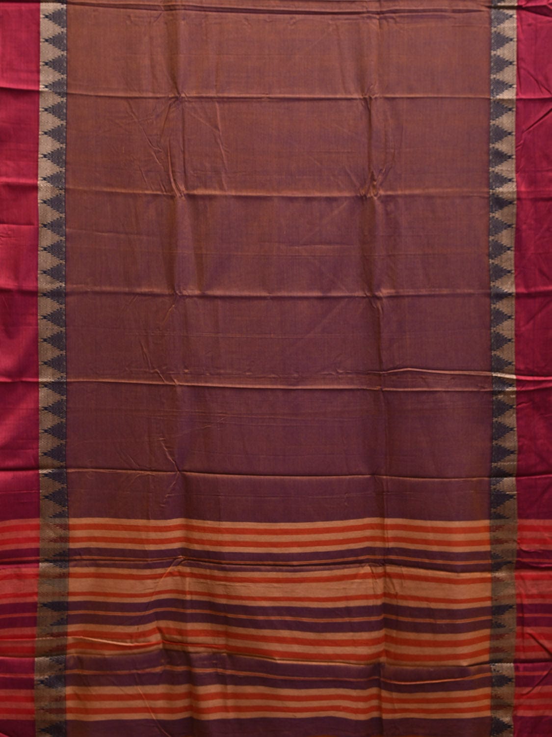 Brown and Red Narayanpet Cotton Plain Saree with Strips and Temple Border Design No Blouse np1101
