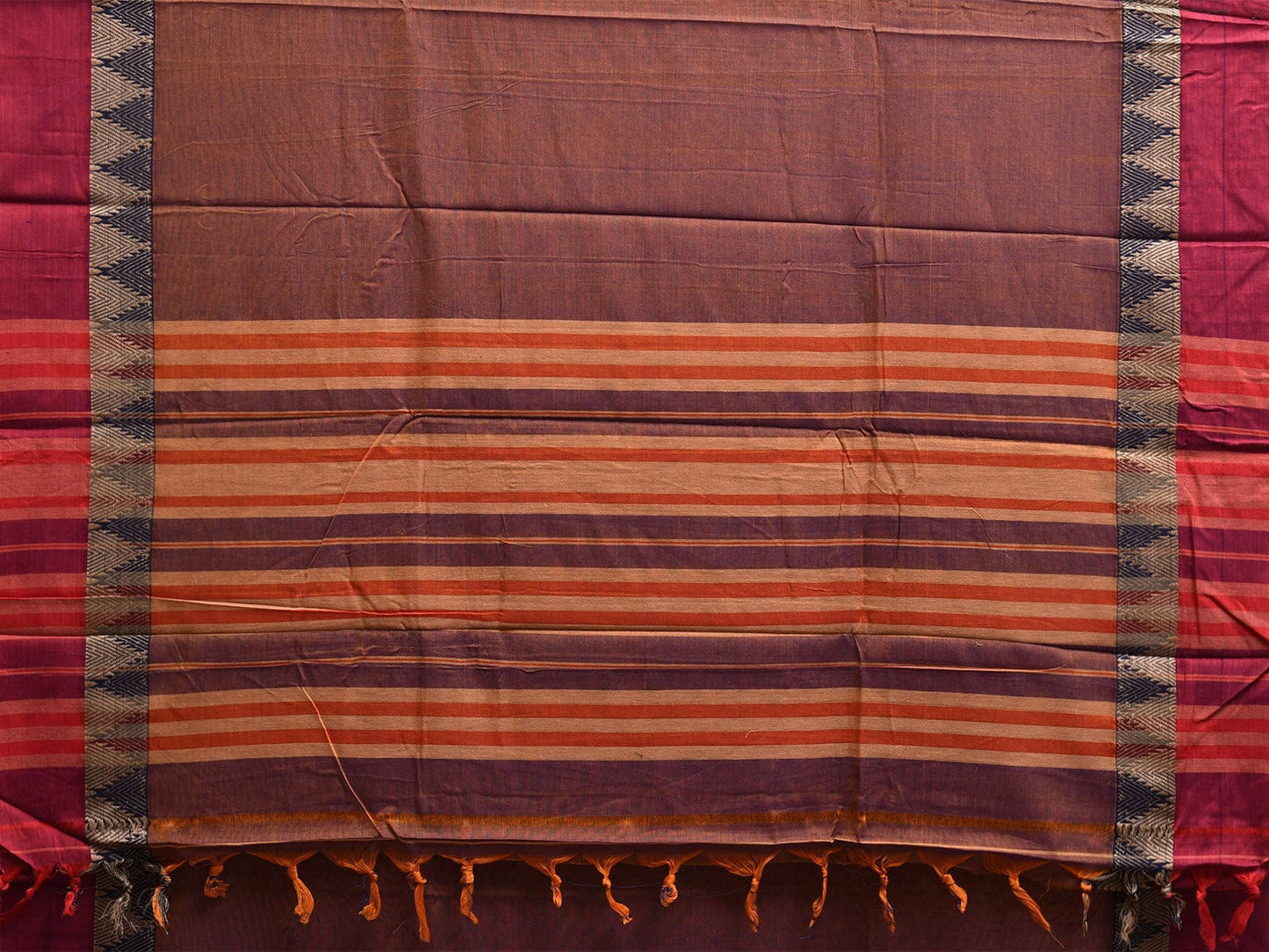 Brown and Red Narayanpet Cotton Plain Saree with Strips and Temple Border Design No Blouse np1101