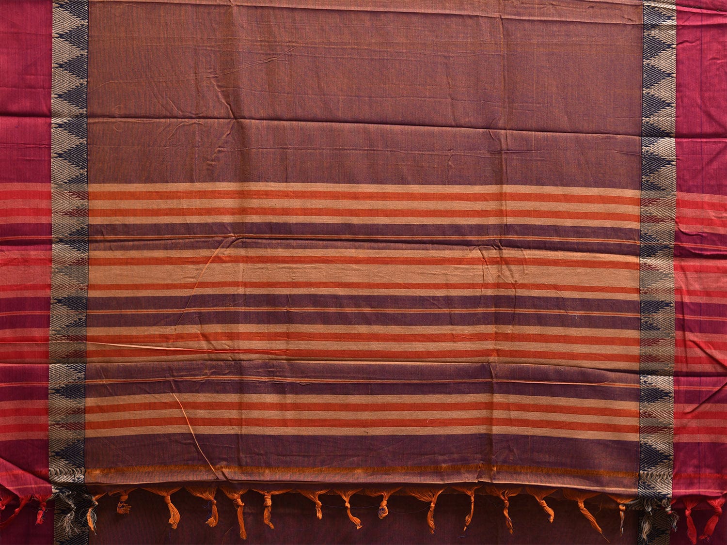 Brown and Red Narayanpet Cotton Plain Saree with Strips and Temple Border Design No Blouse np1101