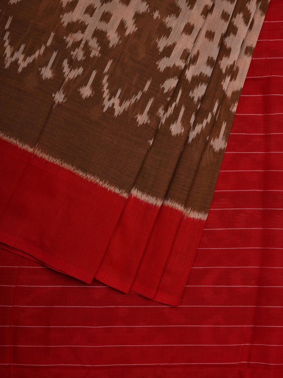 Brown and Red Pochampally Ikat Cotton Handloom Saree with All Over Design i0662