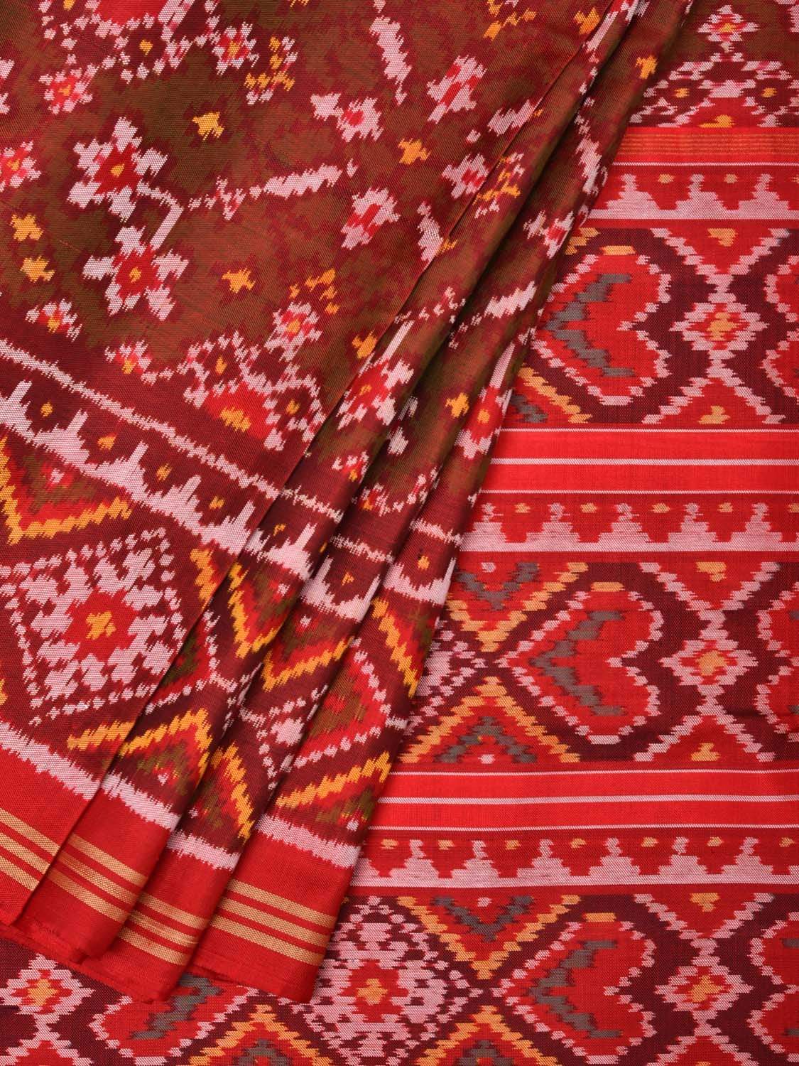 Brown and Red Pochampally Single Ikat Silk Handloom Saree with Border Design i0591