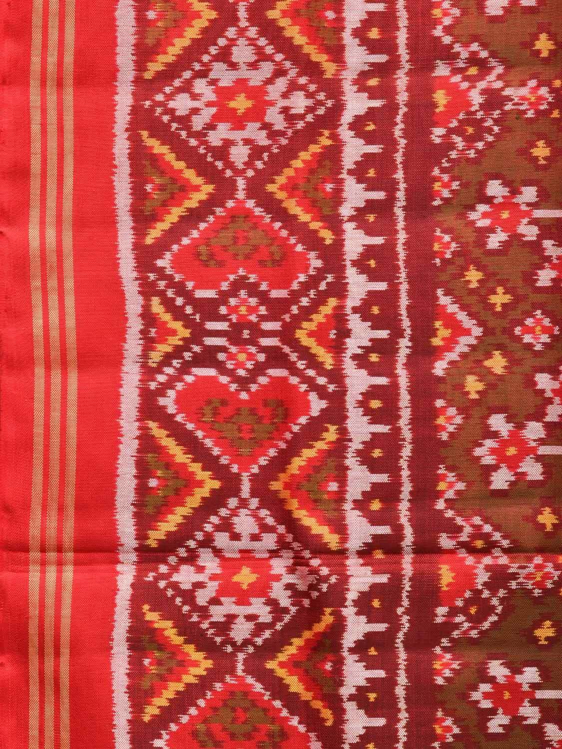 Brown and Red Pochampally Single Ikat Silk Handloom Saree with Border Design i0591