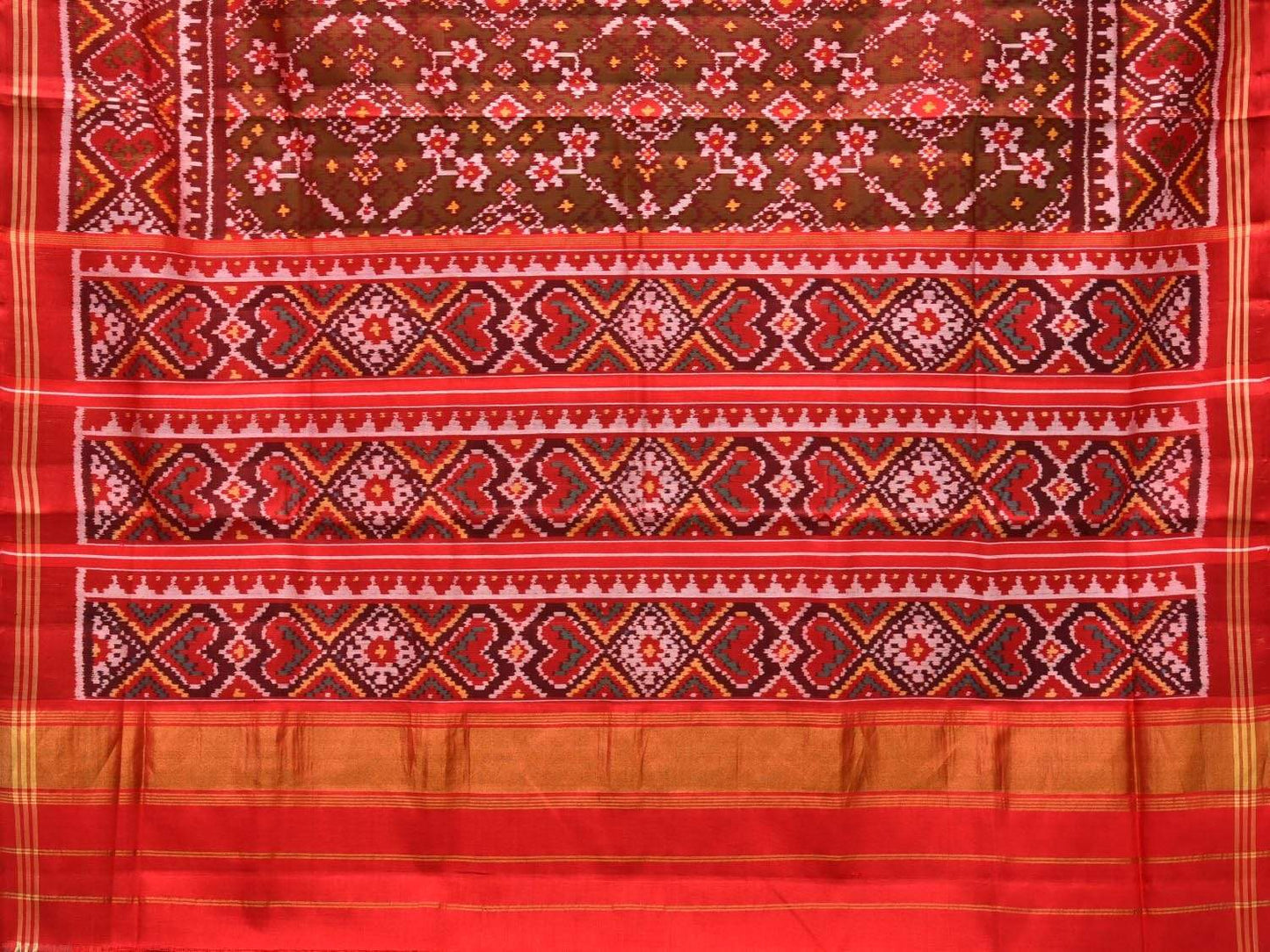 Brown and Red Pochampally Single Ikat Silk Handloom Saree with Border Design i0591