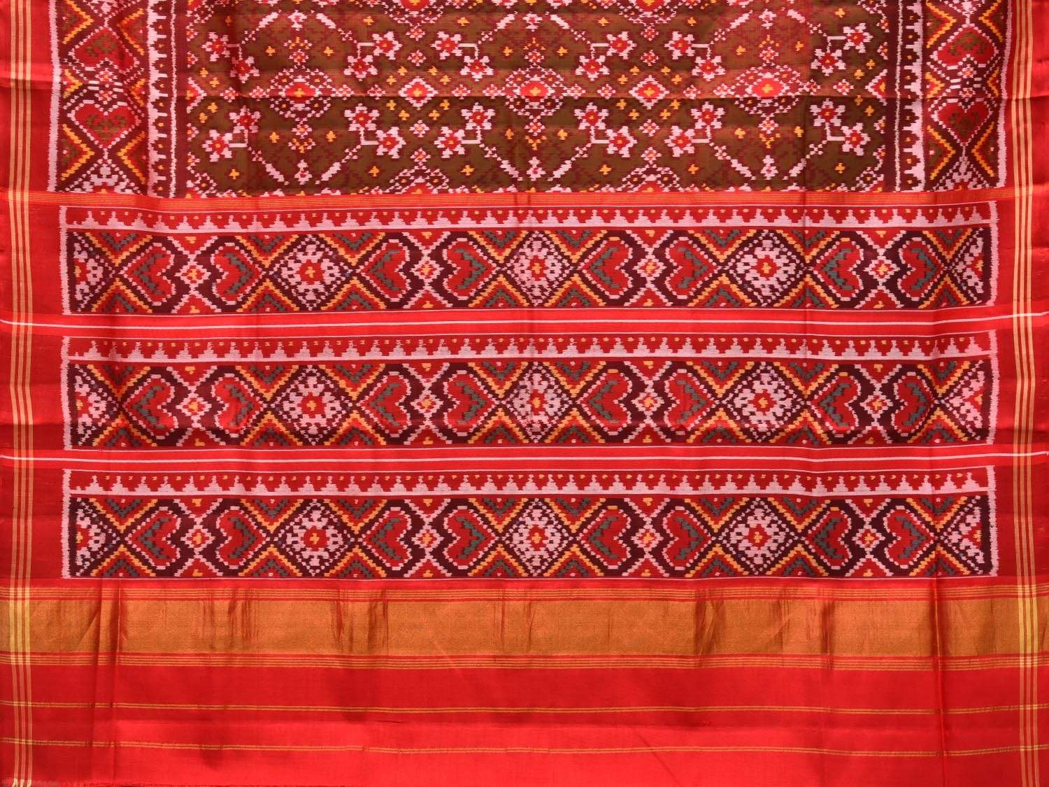 Brown and Red Pochampally Single Ikat Silk Handloom Saree with Border Design i0591