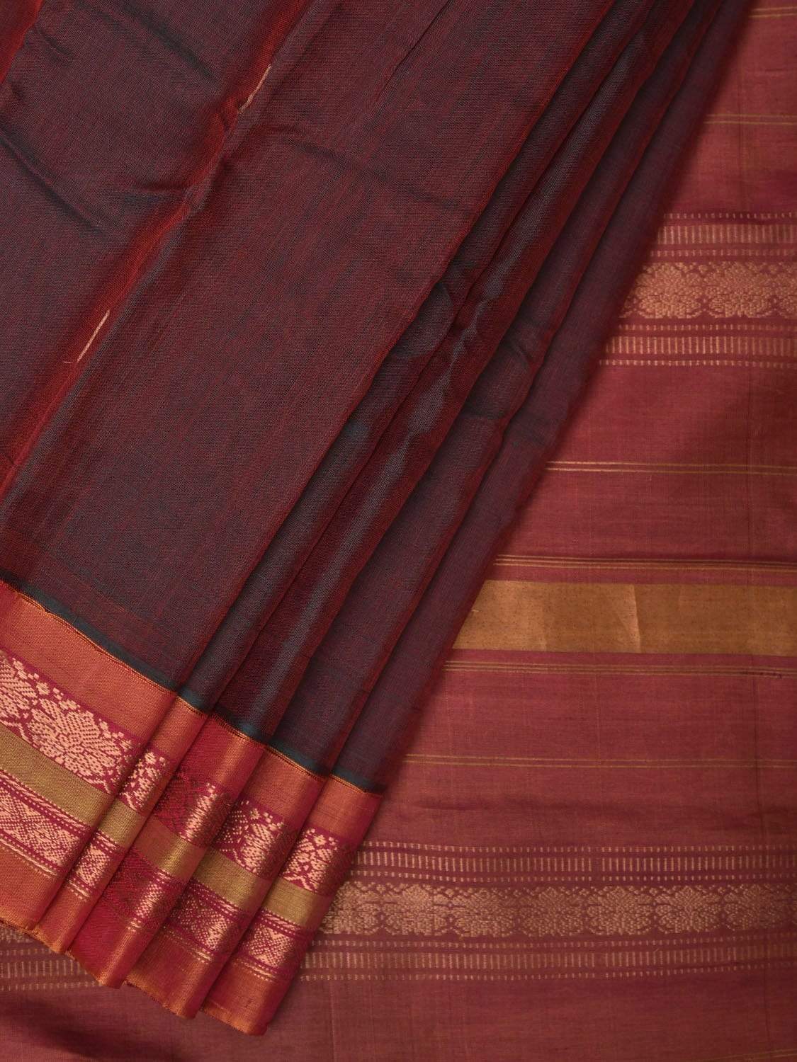 Brown and Rust Gadwal Silk Handloom Plain Saree with Border Design g0267