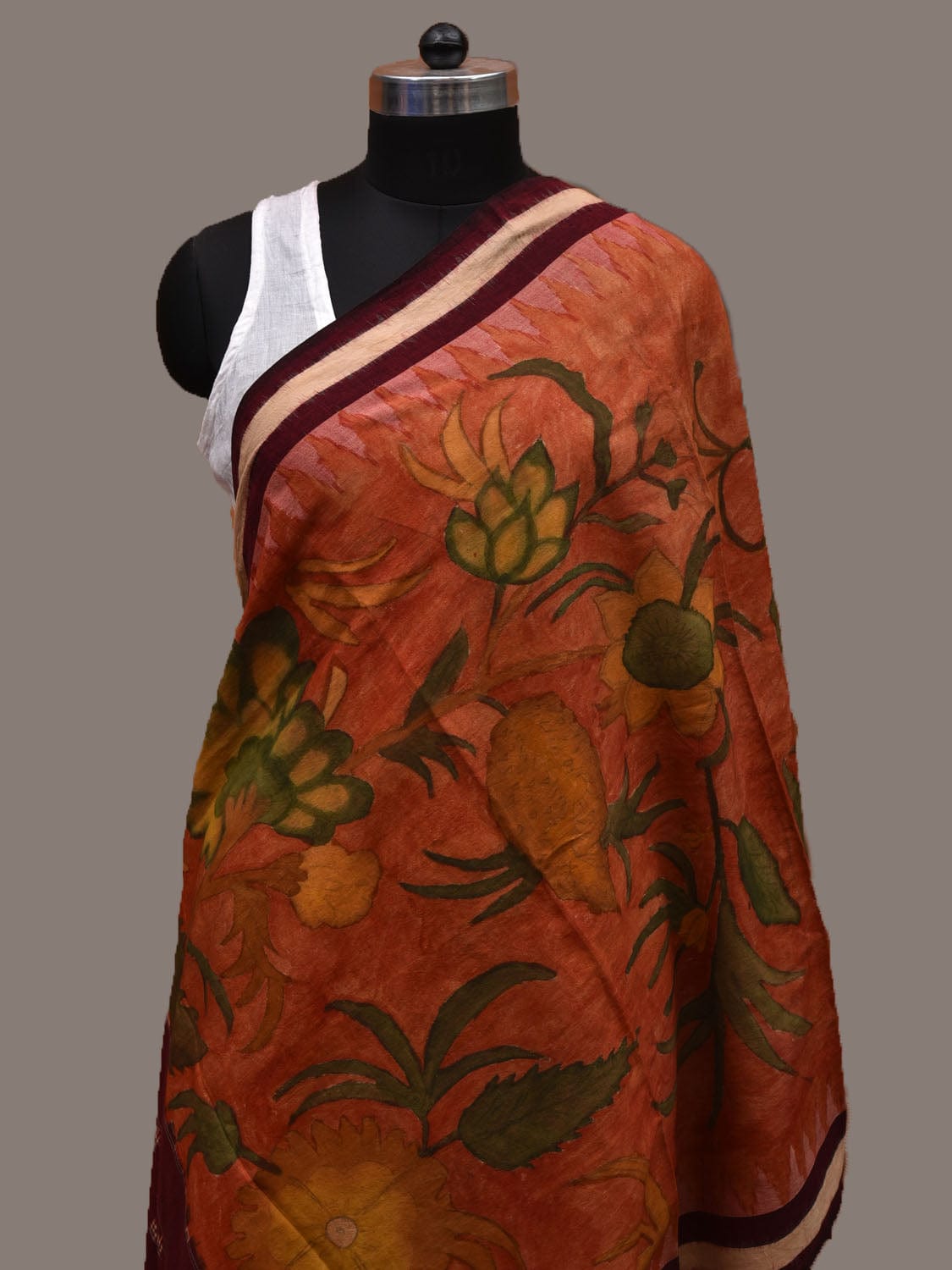 Brown and Rust Kalamkari Hand Painted Ikat Cotton Handloom Dupatta with Floral Design ds2666