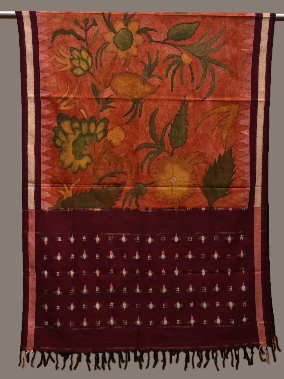 Brown and Rust Kalamkari Hand Painted Ikat Cotton Handloom Dupatta with Floral Design ds2666