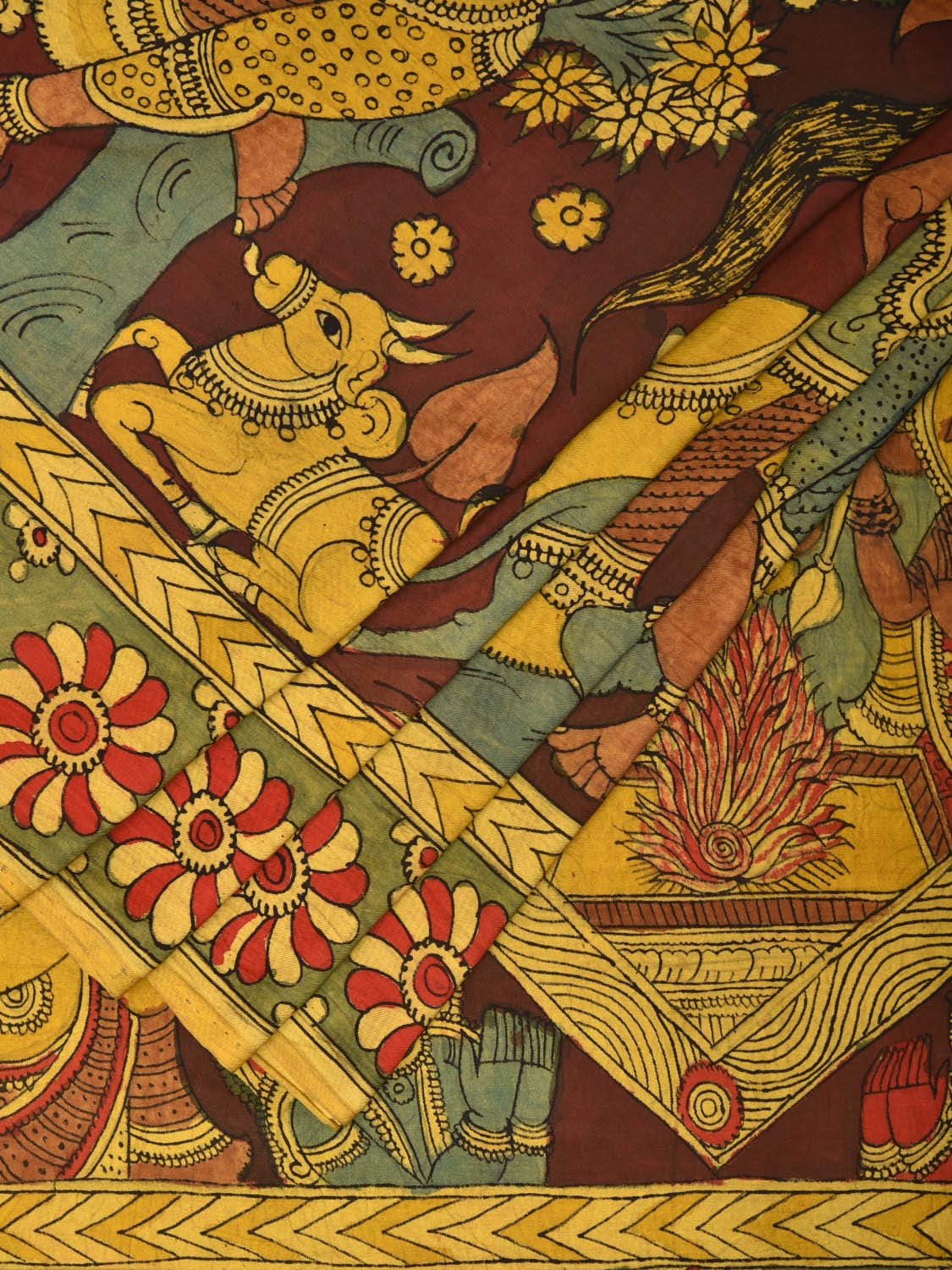 Brown and Yellow Kalamkari Hand Painted Satin Silk Saree with Ramayana Design KL0779