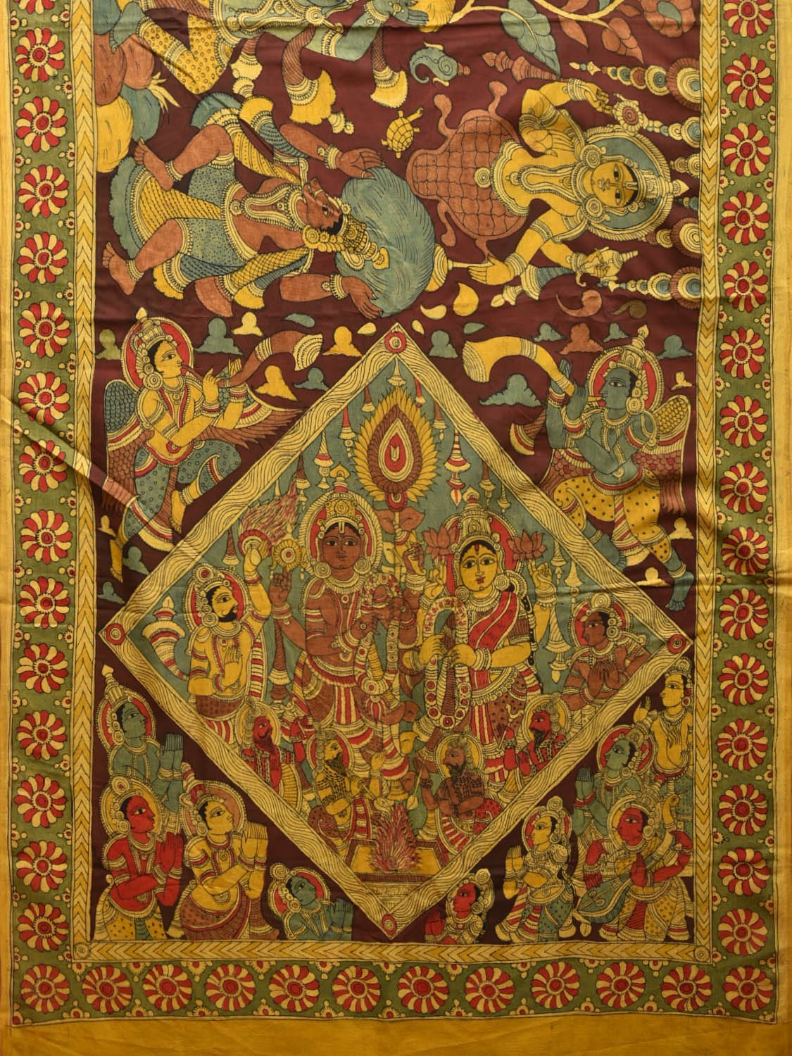Brown and Yellow Kalamkari Hand Painted Satin Silk Saree with Ramayana Design KL0779