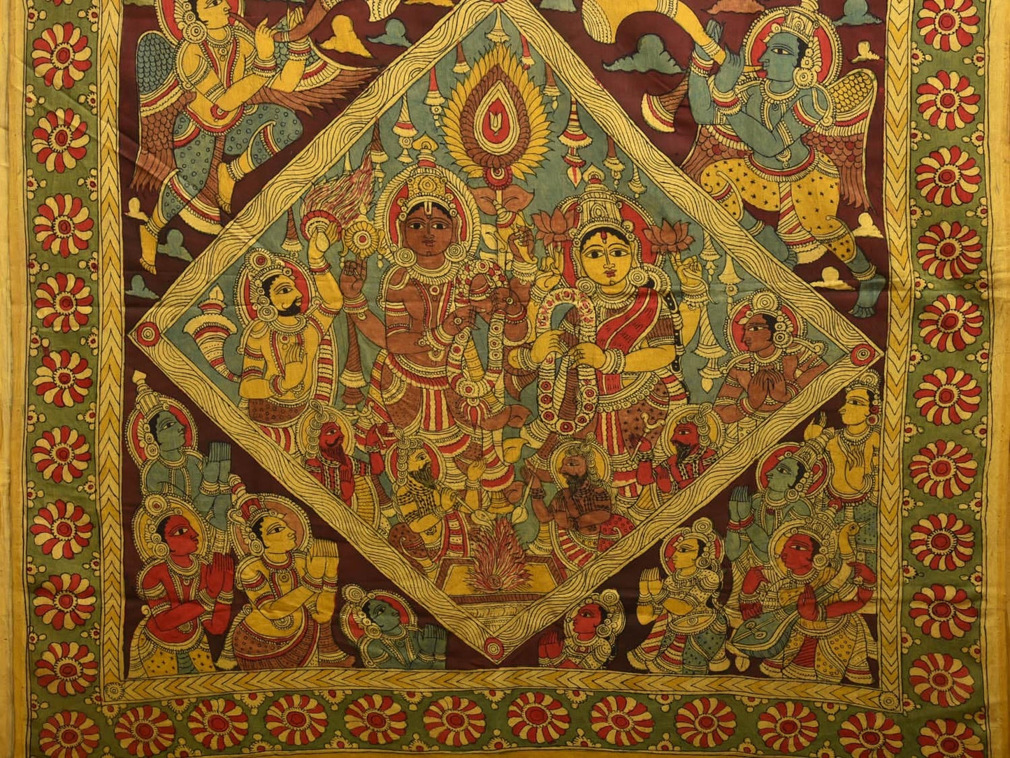 Brown and Yellow Kalamkari Hand Painted Satin Silk Saree with Ramayana Design KL0779