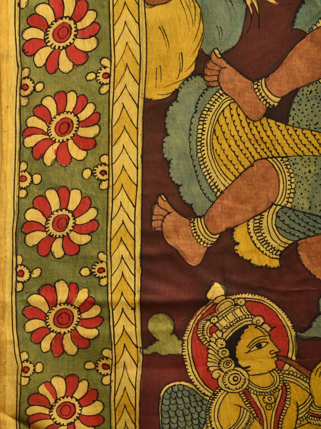 Brown and Yellow Kalamkari Hand Painted Satin Silk Saree with Ramayana Design KL0779