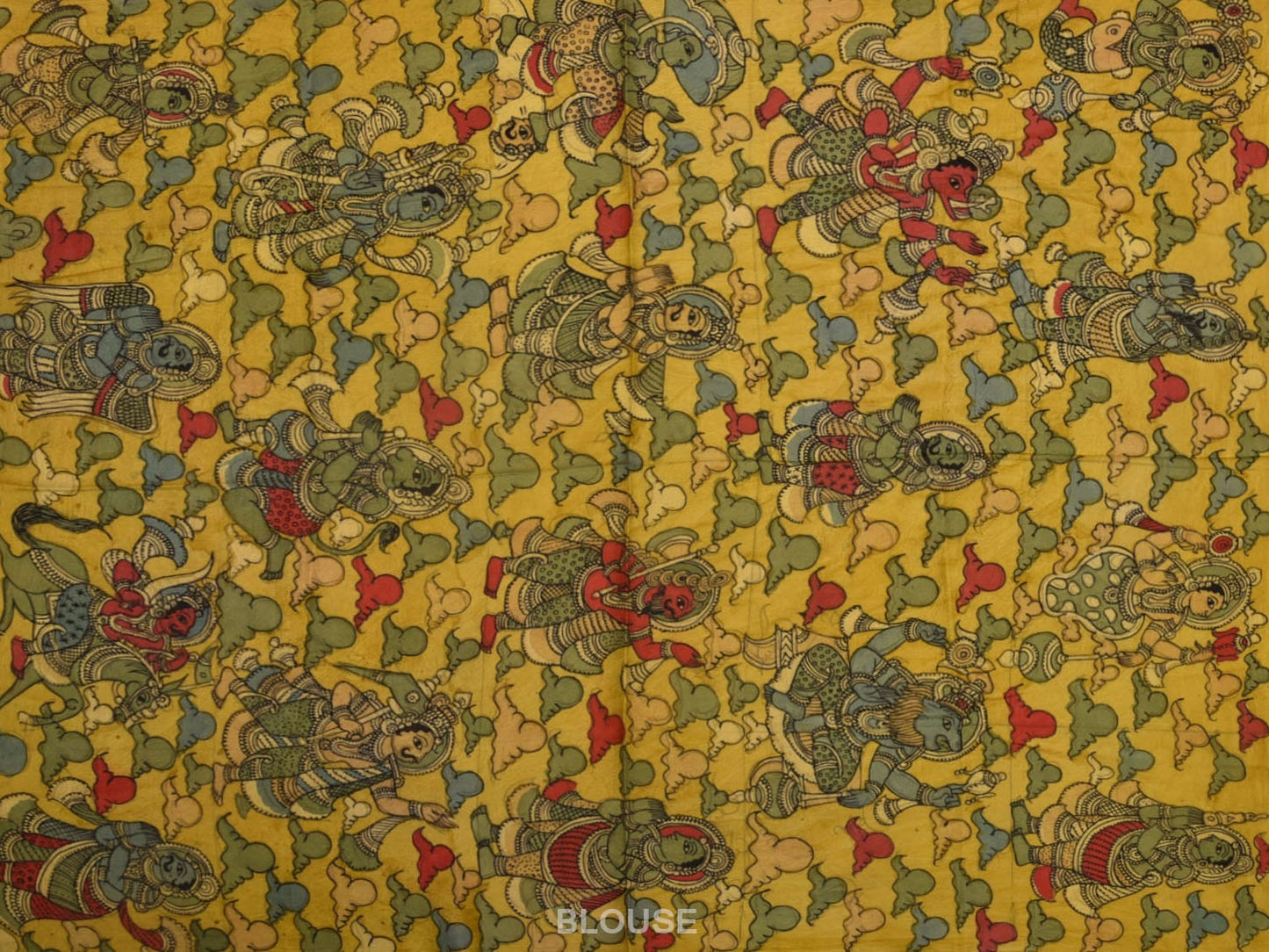 Brown and Yellow Kalamkari Hand Painted Satin Silk Saree with Ramayana Design KL0779