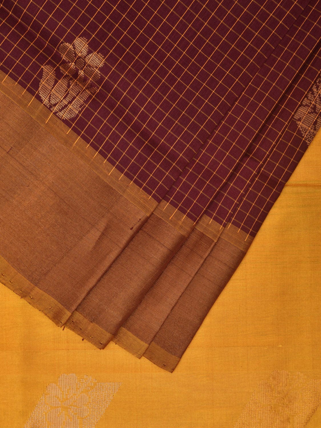 Brown and Yellow Uppada Plain Silk Handloom Saree with Buta and Contrast Pallu Design u2240