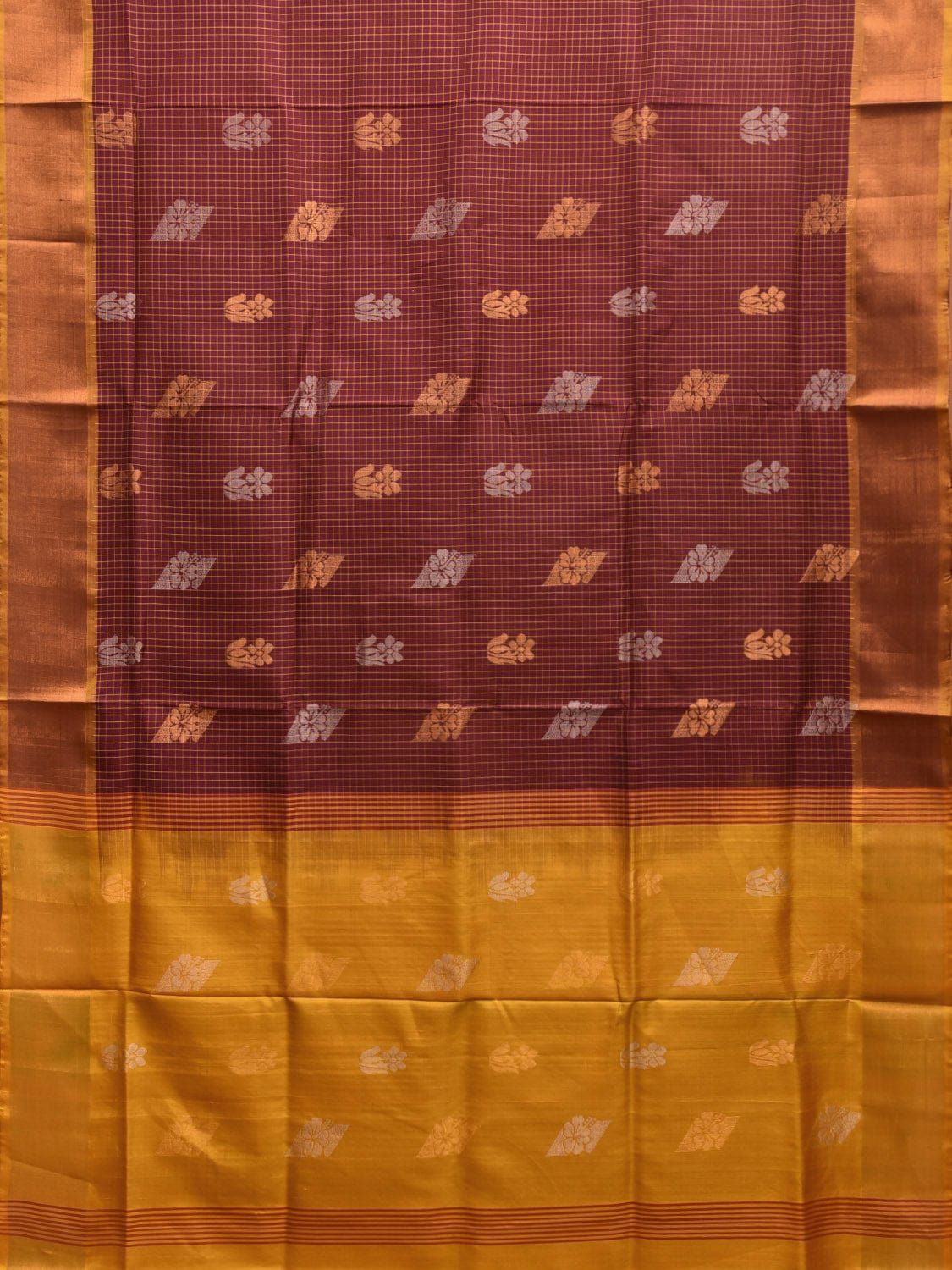 Brown and Yellow Uppada Plain Silk Handloom Saree with Buta and Contrast Pallu Design u2240