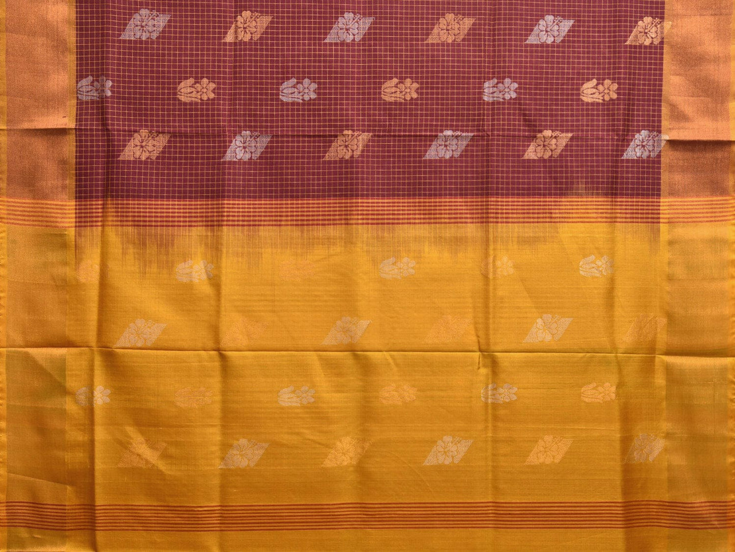 Brown and Yellow Uppada Plain Silk Handloom Saree with Buta and Contrast Pallu Design u2240
