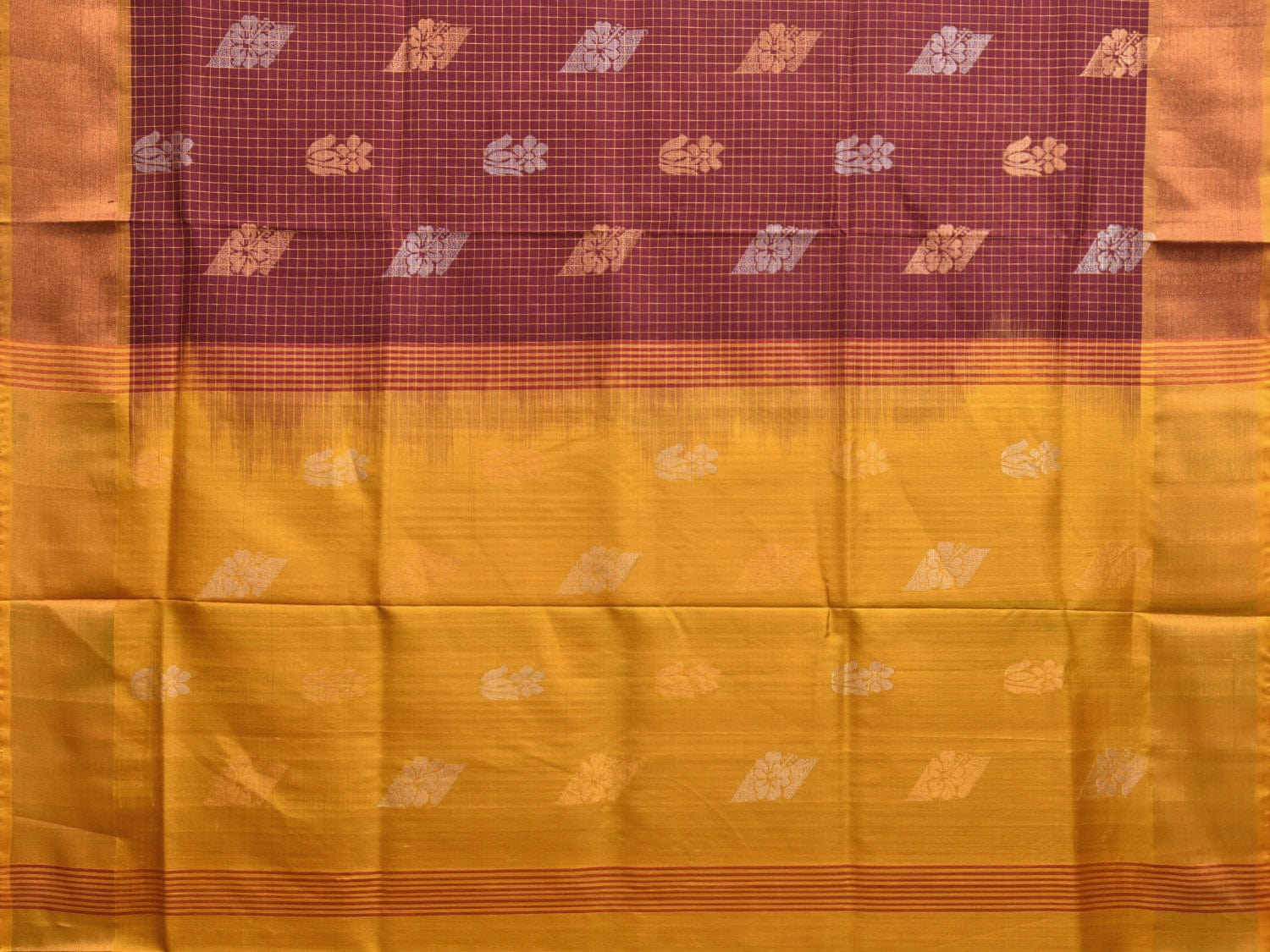 Brown and Yellow Uppada Plain Silk Handloom Saree with Buta and Contrast Pallu Design u2240