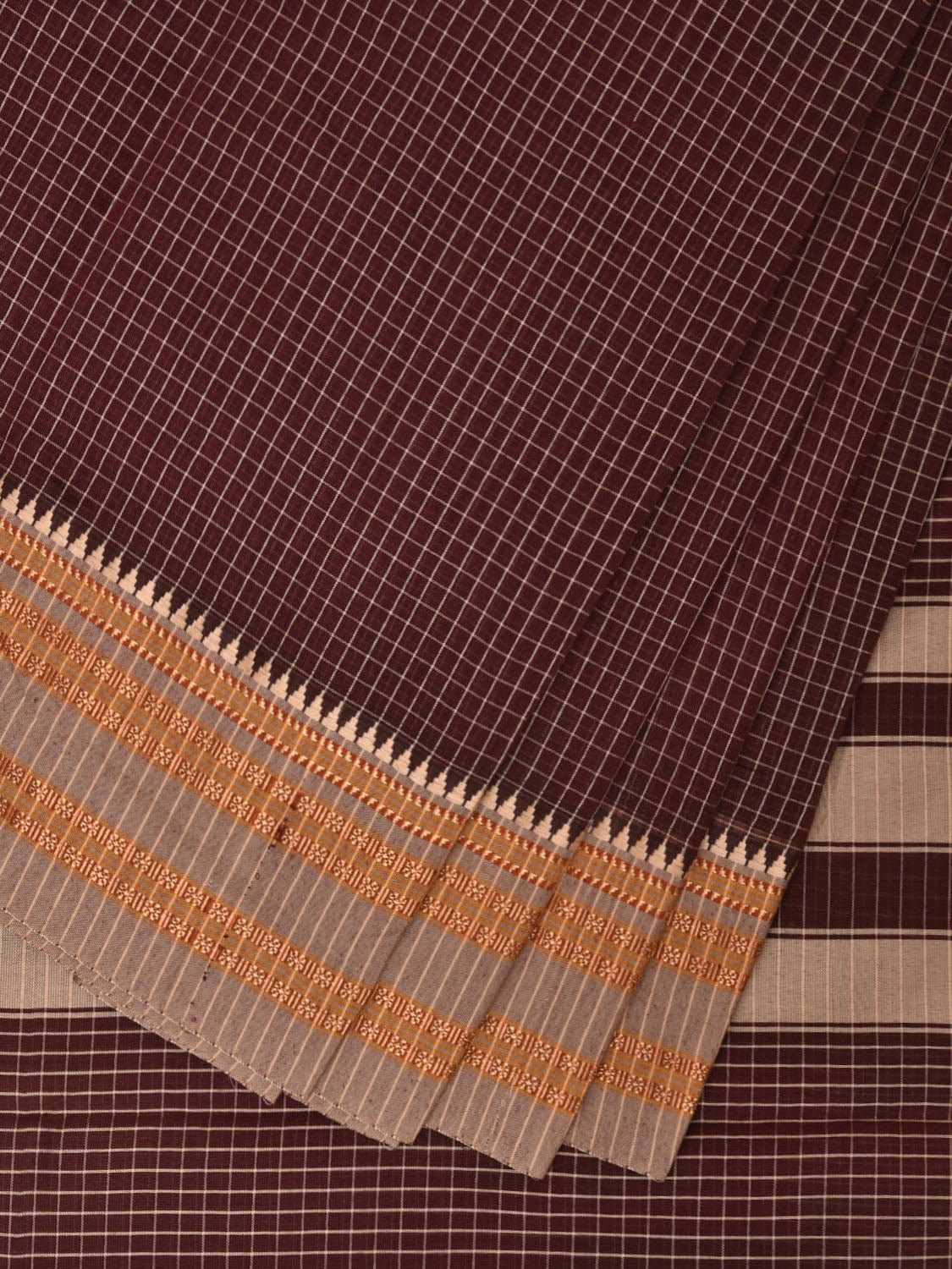 Brown Bamboo Cotton Saree with Checks Design No Blouse bc0295