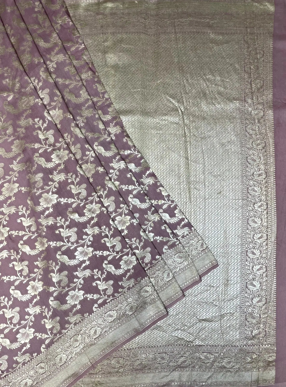 Brown Banaras Katan Silk Saree with Rich Zari Border and Birds and Floral Design b0081ds