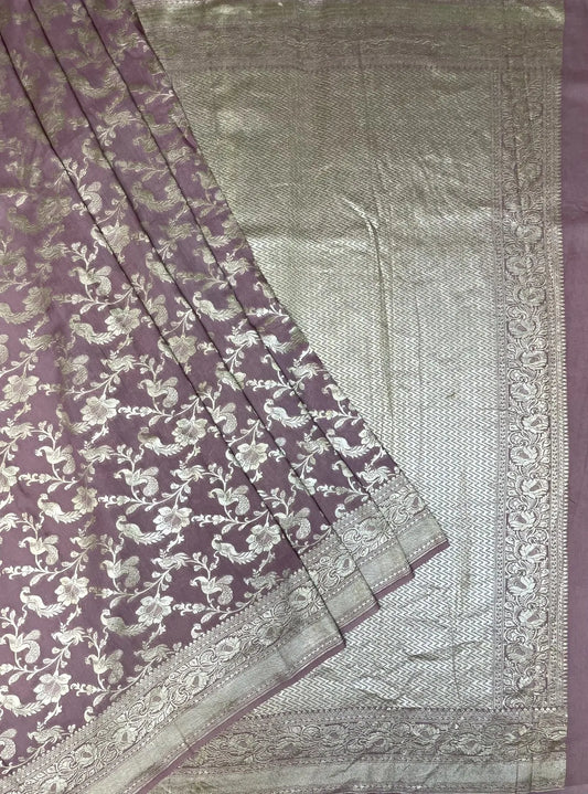 Brown Banaras Katan Silk Saree with Rich Zari Border and Birds and Floral Design b0081ds