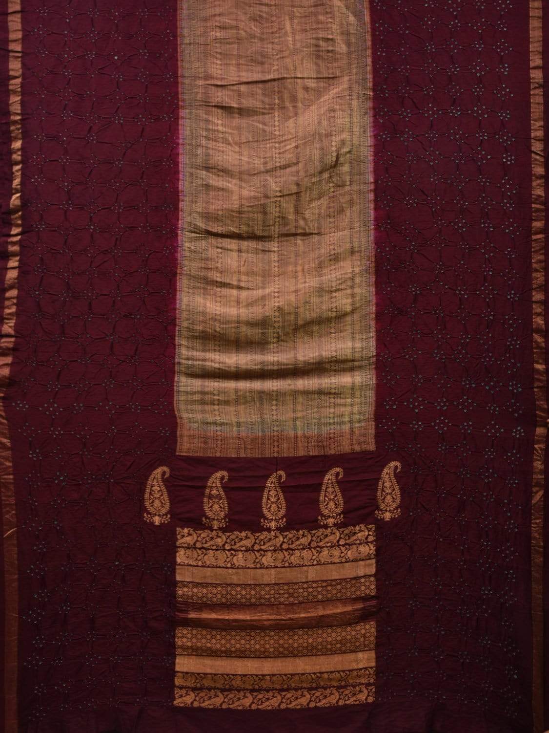 Brown Bandhani Kanchipuram Silk Handloom Saree with Middle Brocade Design bn0313