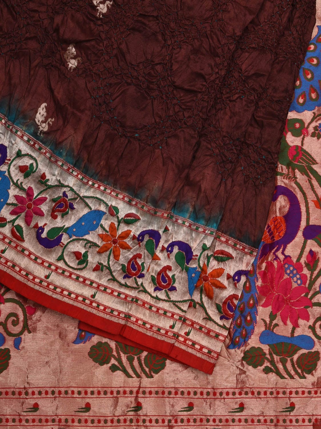 Brown Bandhani Paithani Silk Handloom Saree with Peacocks Border and Pallu Design bn0376