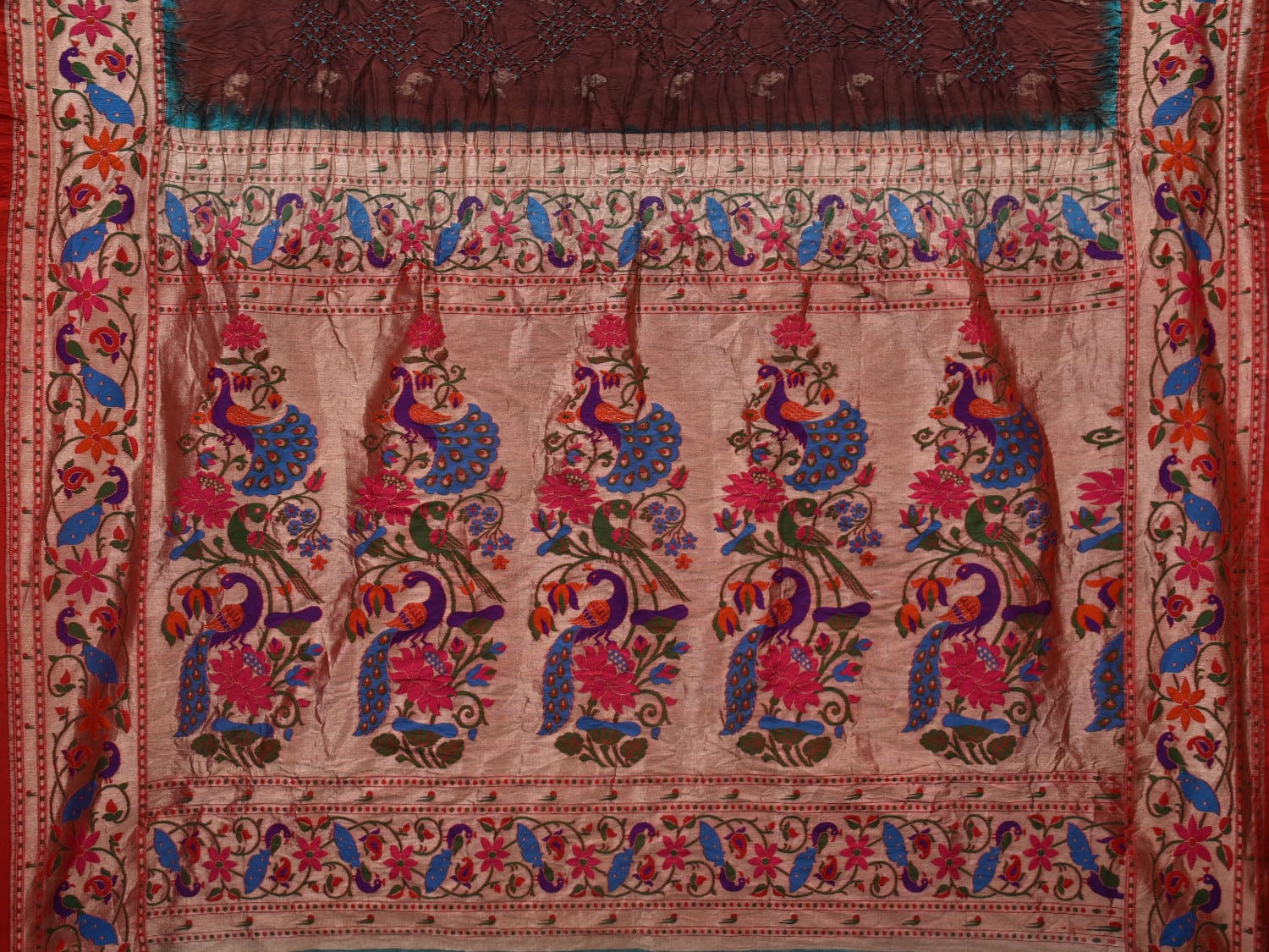 Brown Bandhani Paithani Silk Handloom Saree with Peacocks Border and Pallu Design bn0376