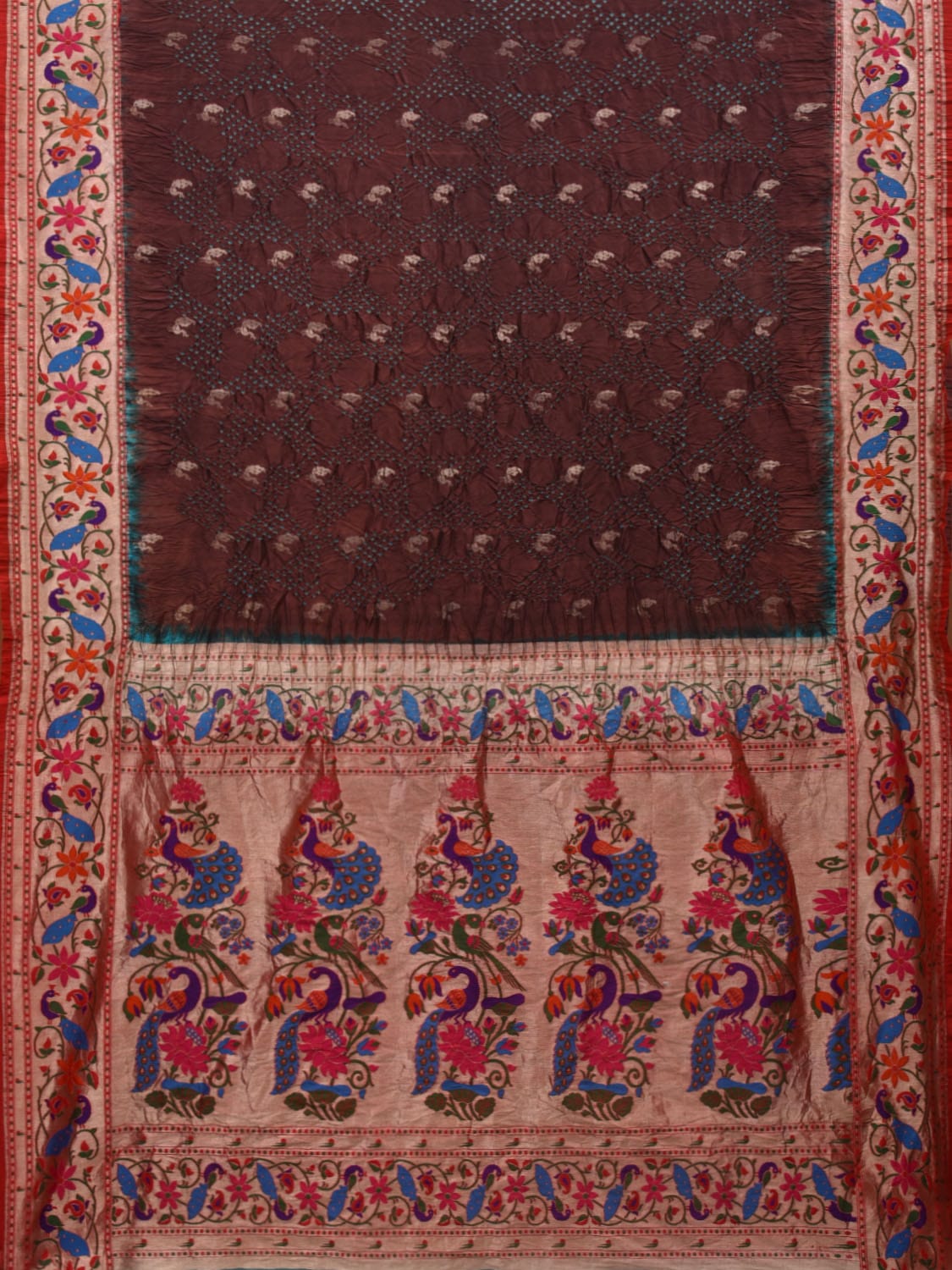 Brown Bandhani Paithani Silk Handloom Saree with Peacocks Border and Pallu Design bn0376