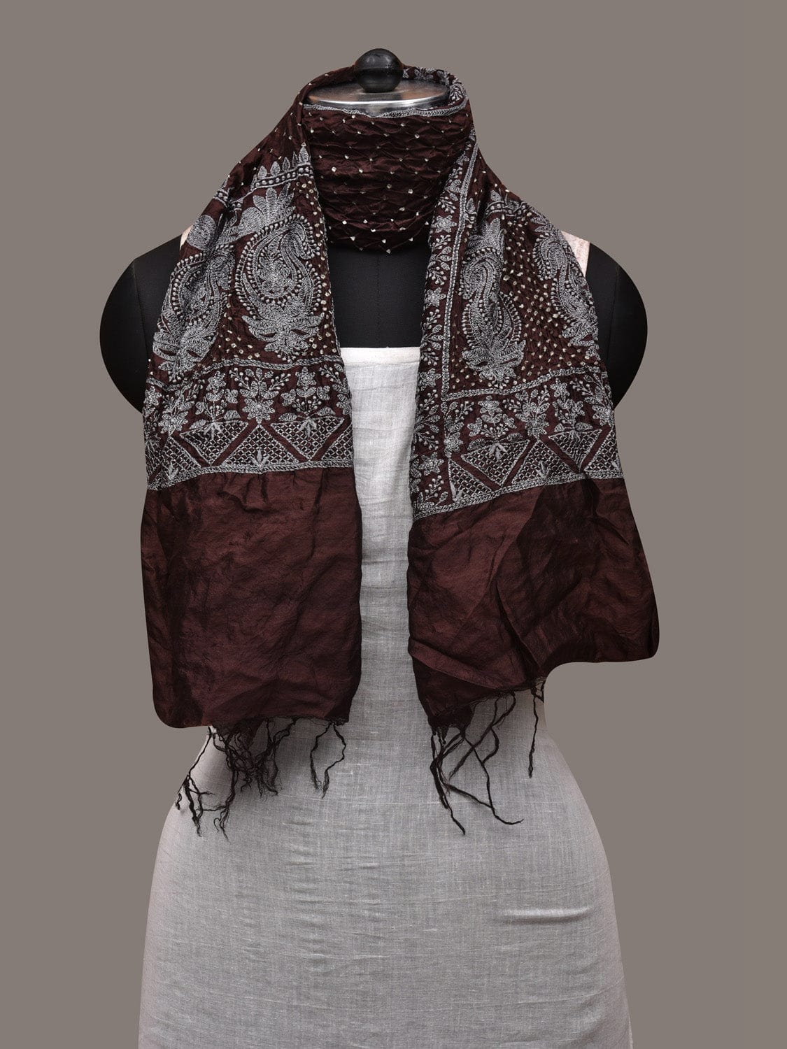 Brown Bandhani Silk Stole with Embroidary Work Design ds2859