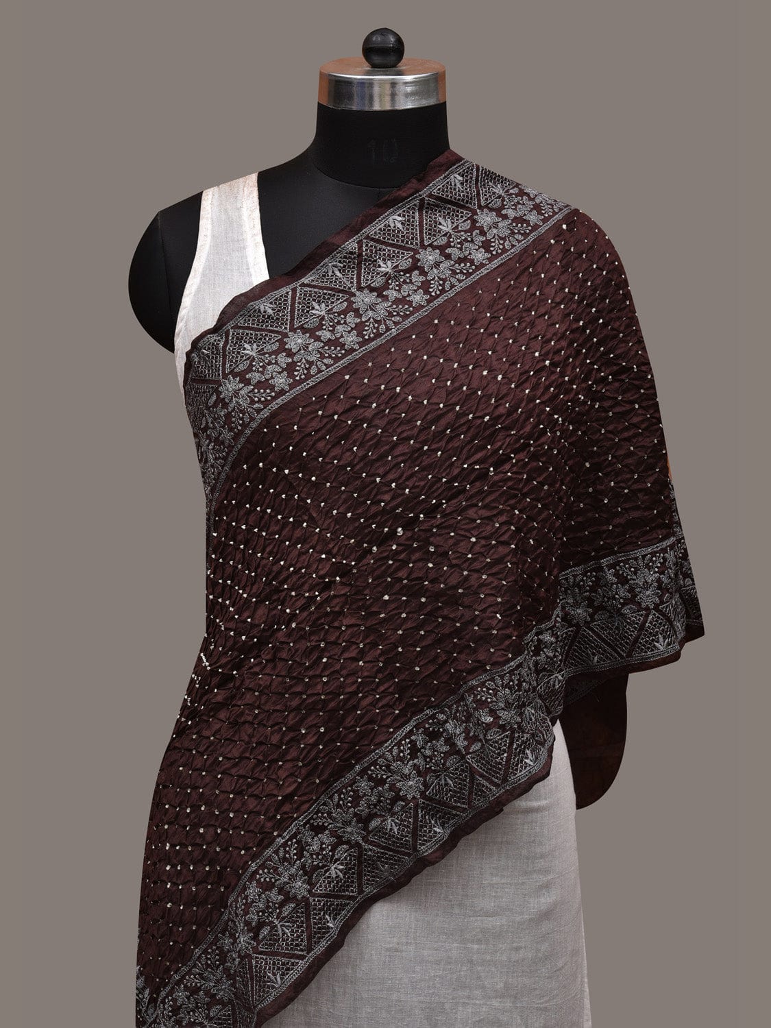 Brown Bandhani Silk Stole with Embroidary Work Design ds2859