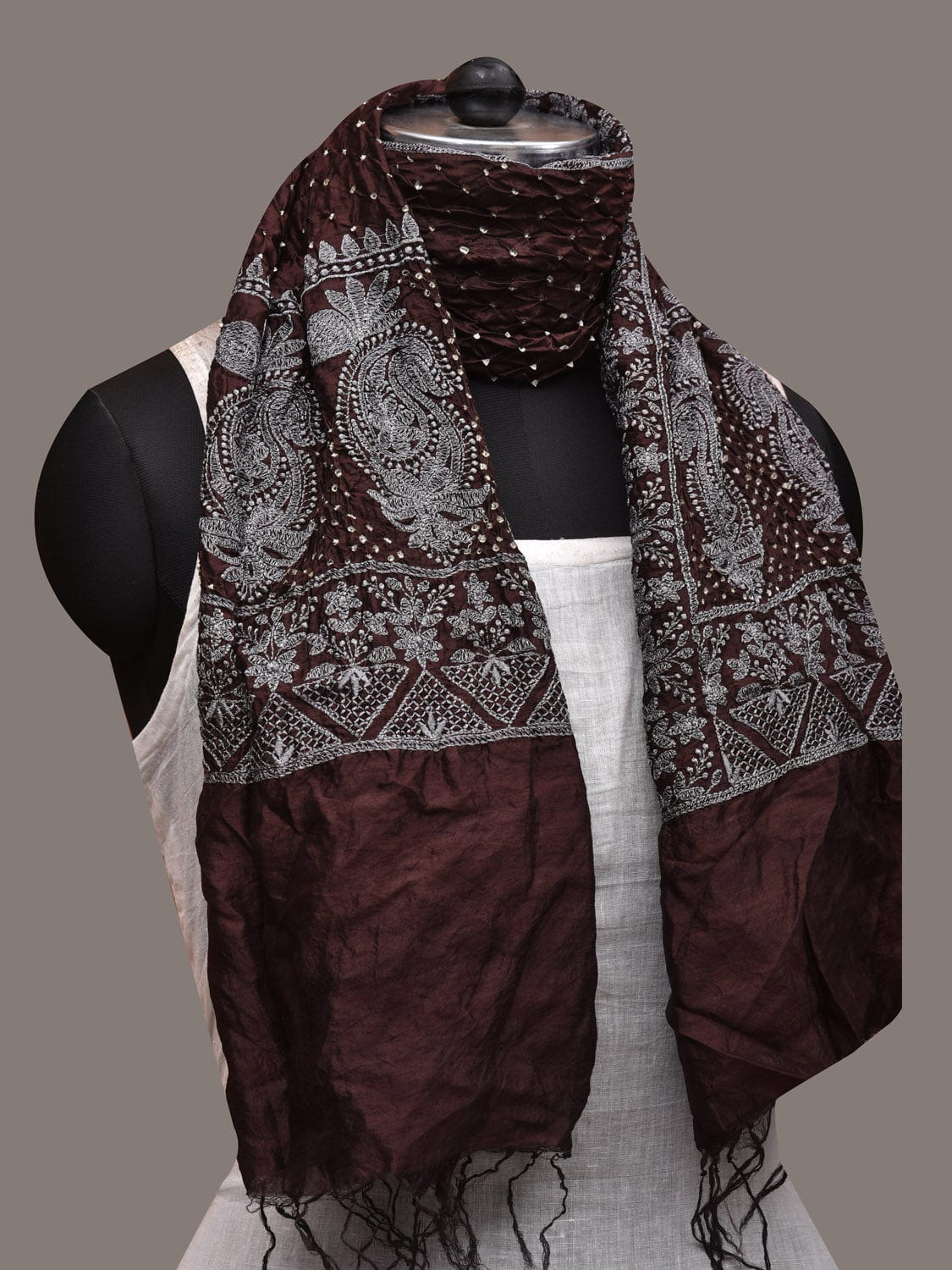 Brown Bandhani Silk Stole with Embroidary Work Design ds2859