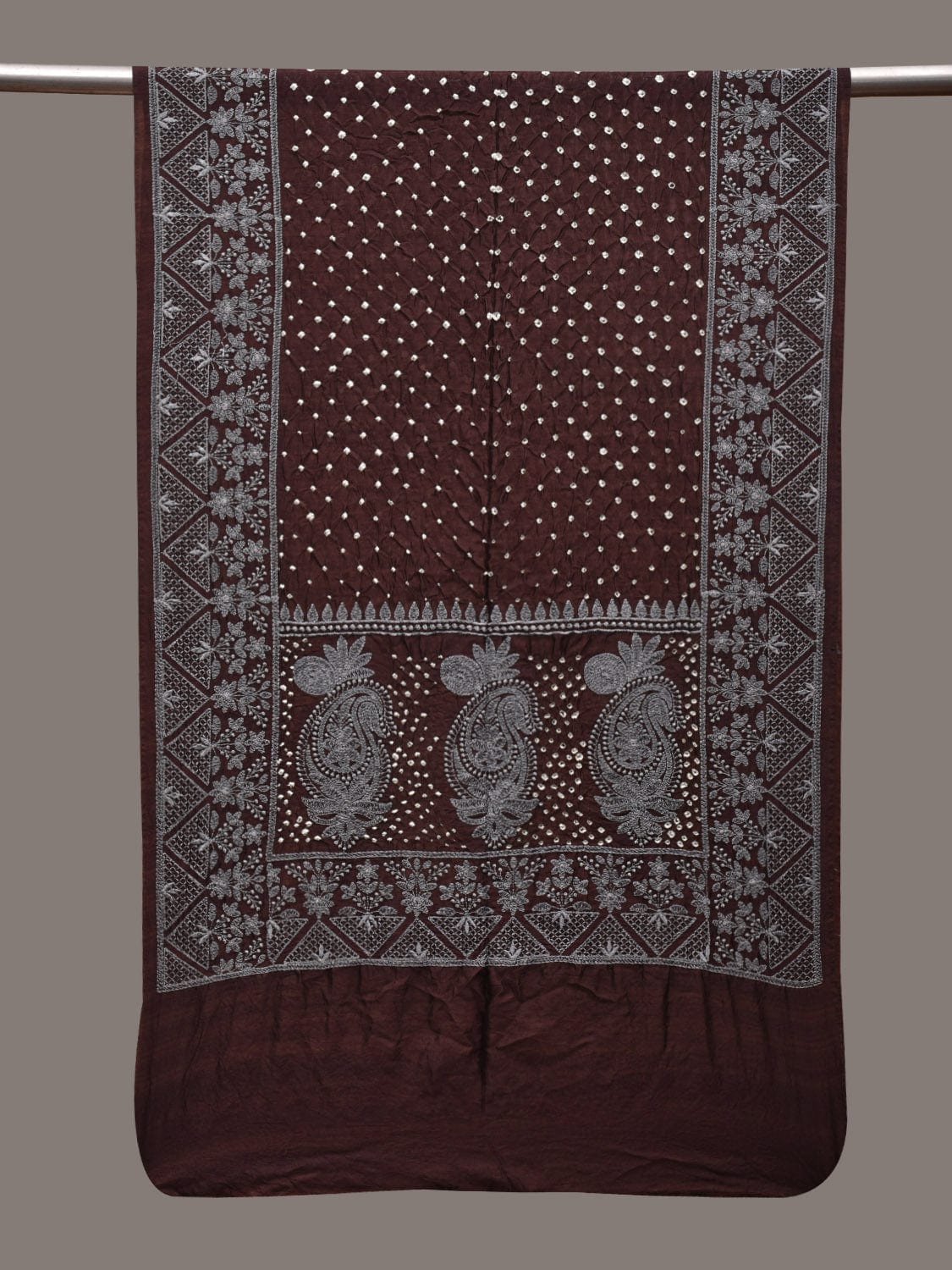 Brown Bandhani Silk Stole with Embroidary Work Design ds2859