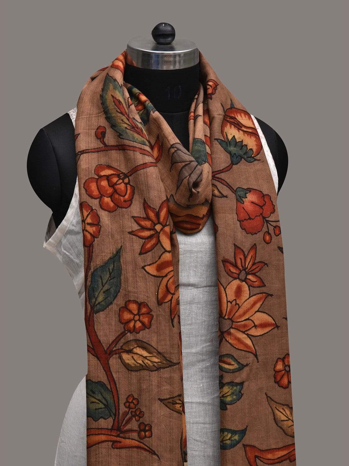 Brown Kalamkari Hand Painted Cotton Handloom Dupatta with Floral Design ds2572