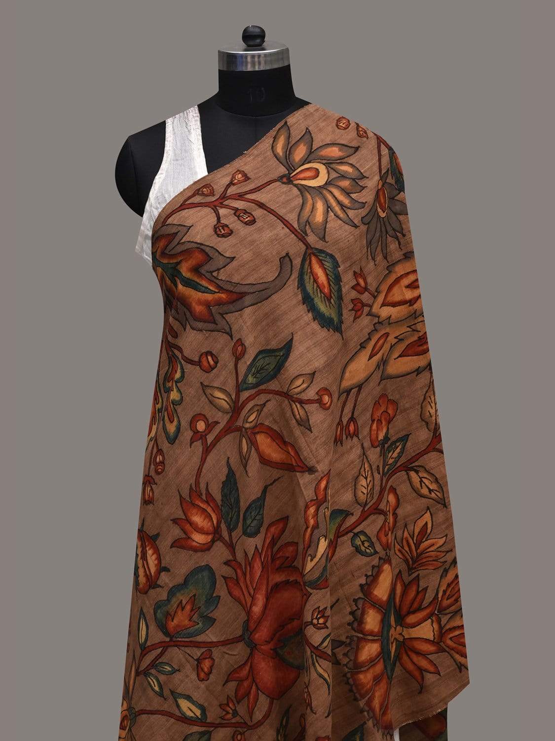 Brown Kalamkari Hand Painted Cotton Handloom Dupatta with Floral Design ds2572