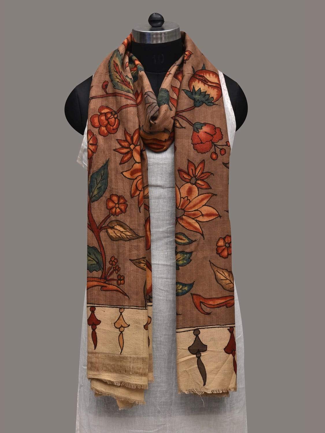 Brown Kalamkari Hand Painted Cotton Handloom Dupatta with Floral Design ds2572