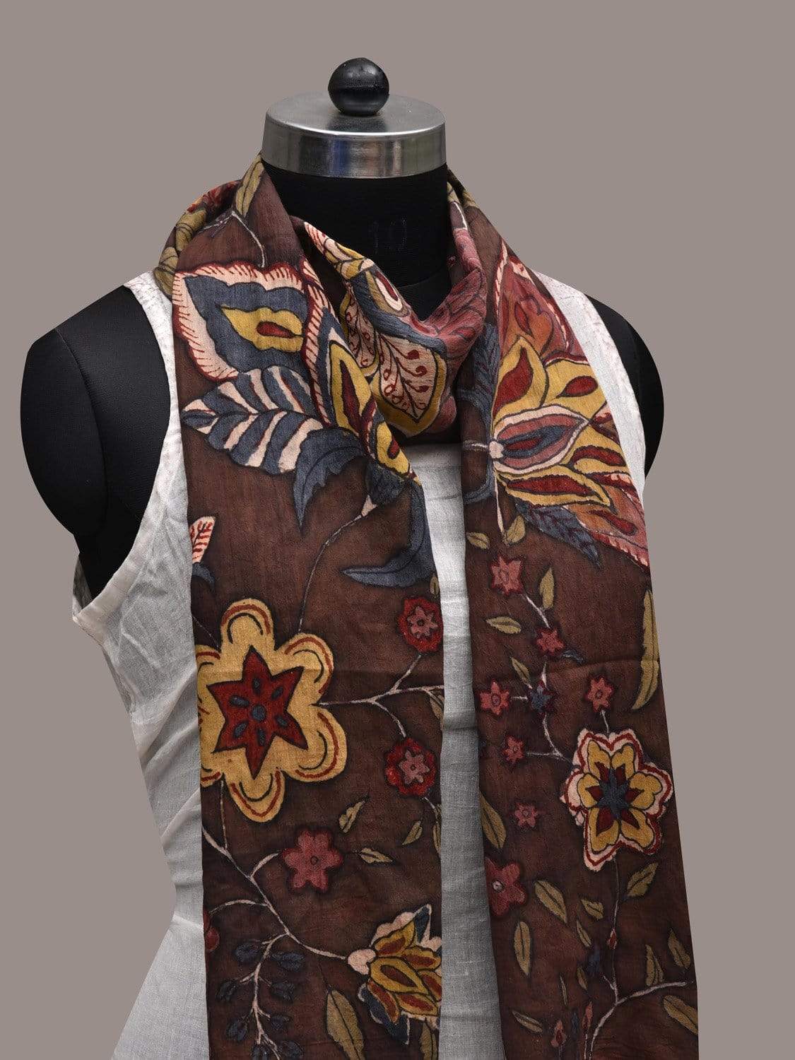 Brown Kalamkari Hand Painted Cotton Handloom Stole with Floral Design ds2531