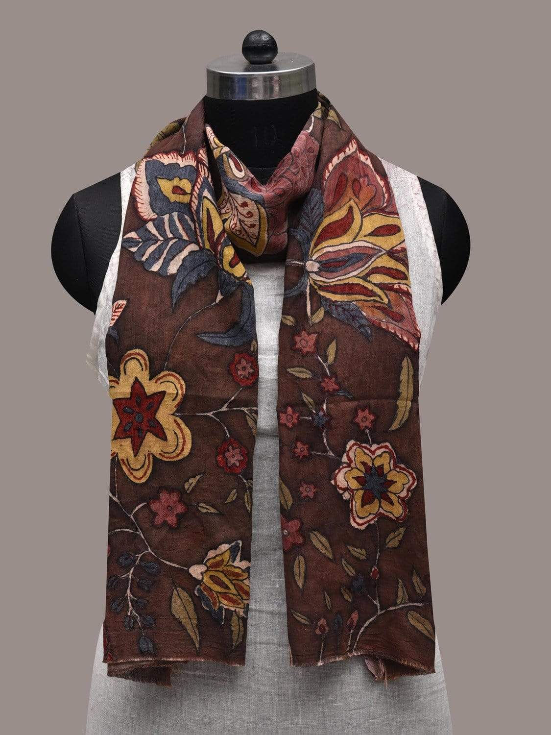 Brown Kalamkari Hand Painted Cotton Handloom Stole with Floral Design ds2531