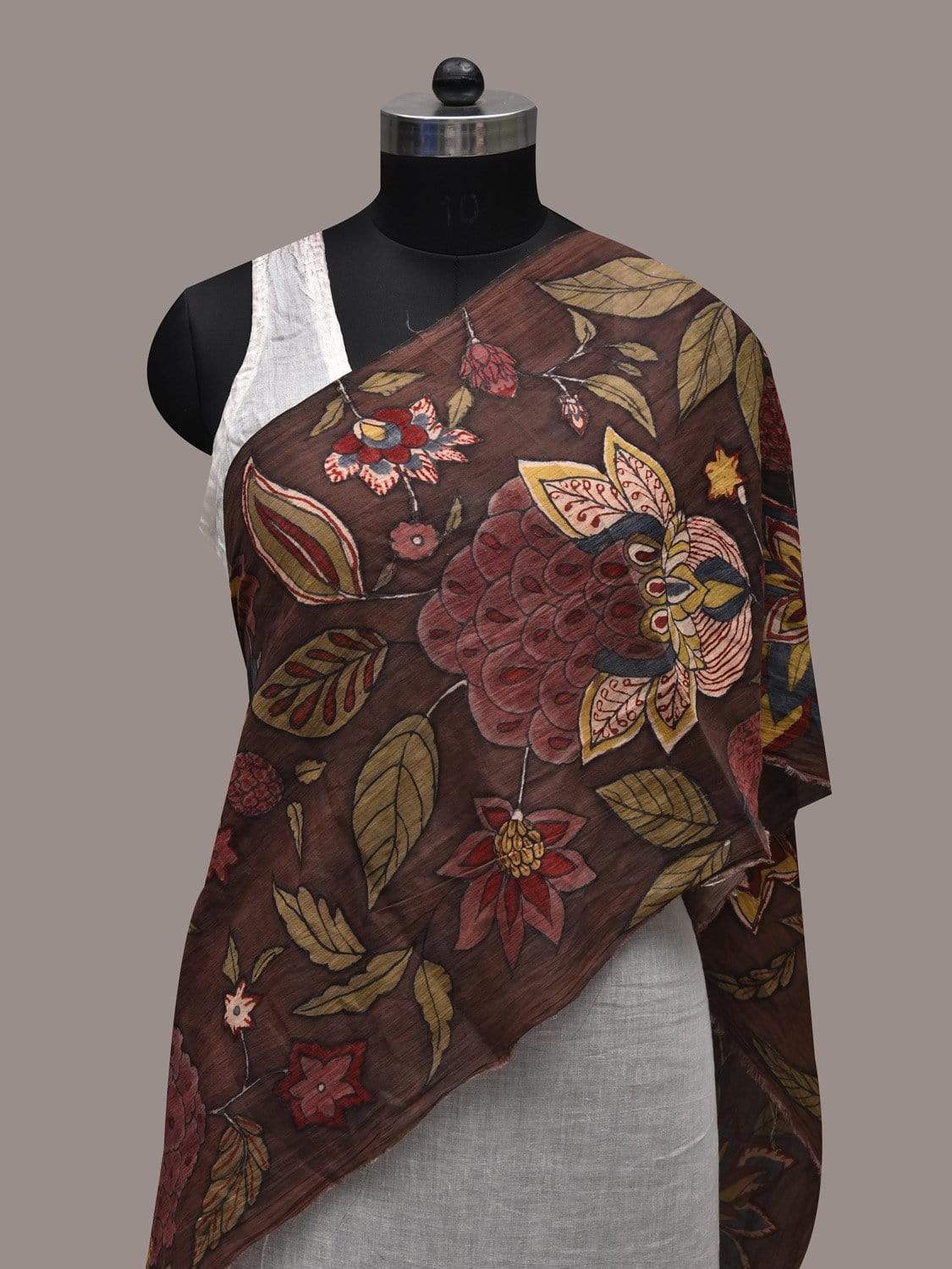 Brown Kalamkari Hand Painted Cotton Handloom Stole with Floral Design ds2531