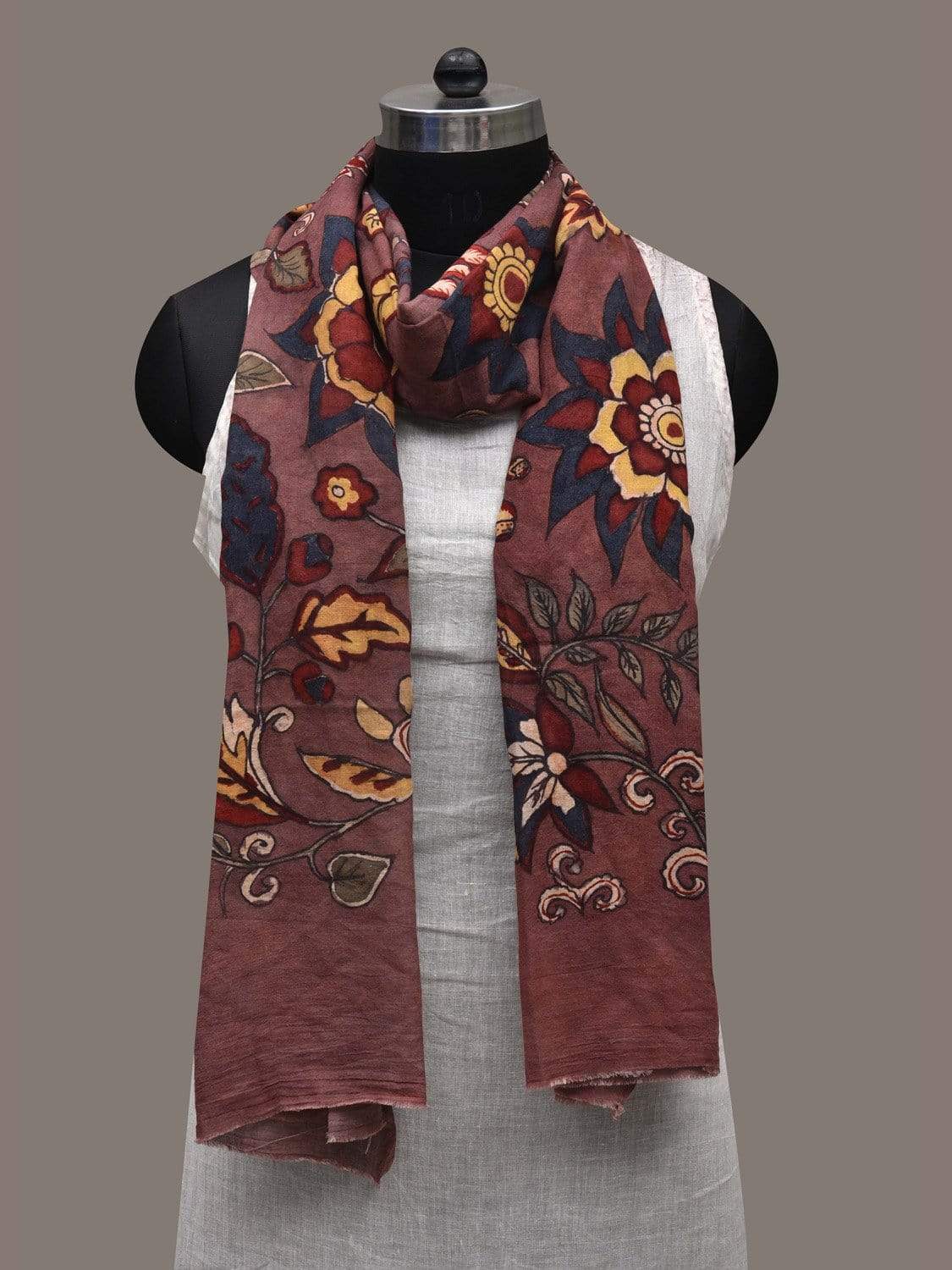 Brown Kalamkari Hand Painted Cotton Handloom Stole with Floral Design ds2539