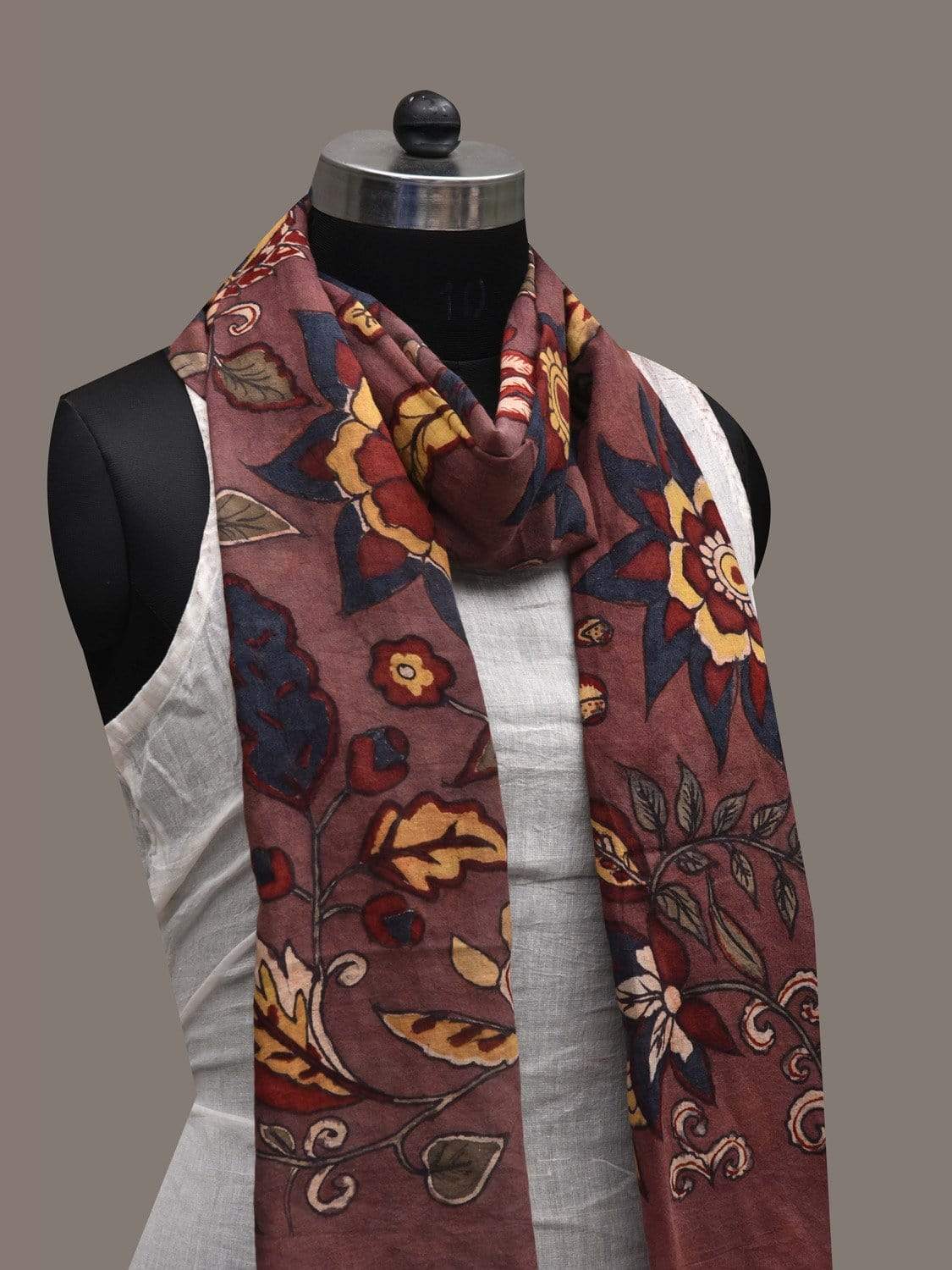 Brown Kalamkari Hand Painted Cotton Handloom Stole with Floral Design ds2539