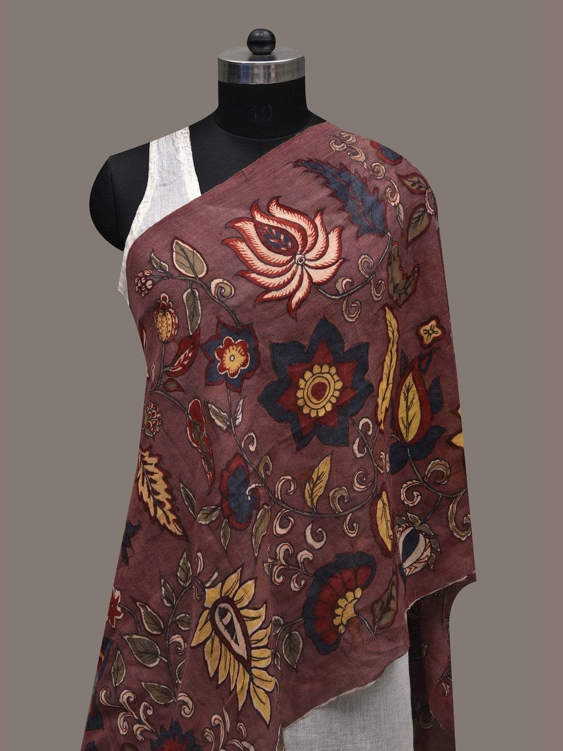Brown Kalamkari Hand Painted Cotton Handloom Stole with Floral Design ds2539