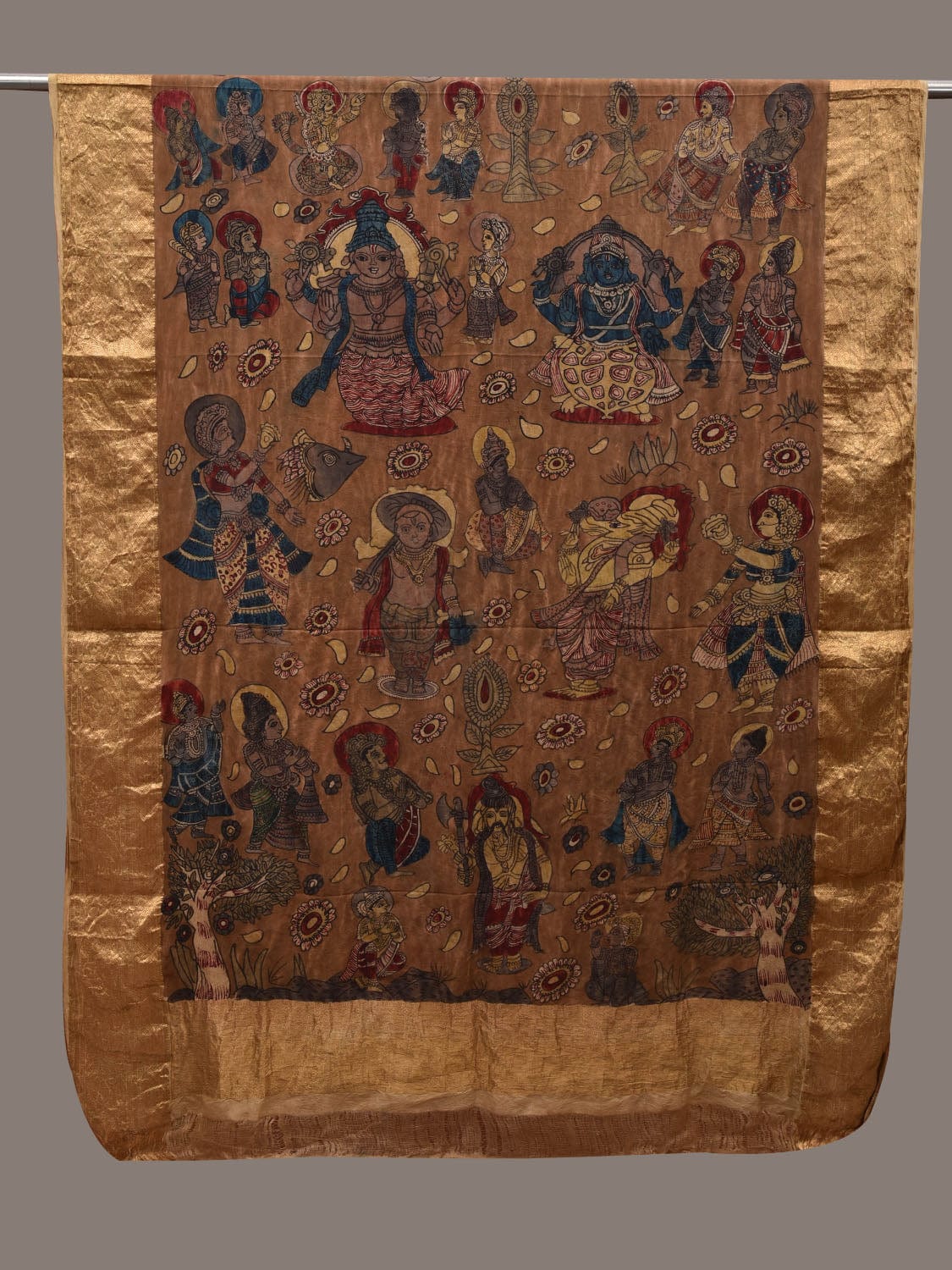 Brown Kalamkari Hand Painted Kanchipuram Silk Handloom Dupatta with Dashavatar Design ds2815
