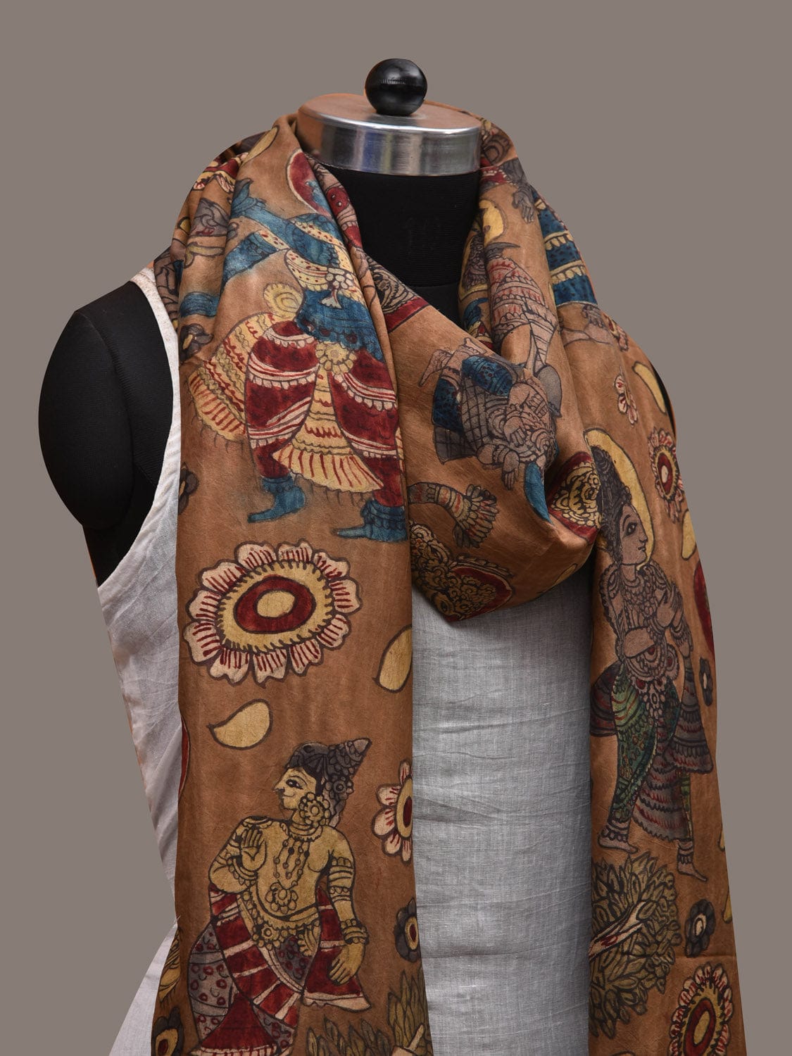 Brown Kalamkari Hand Painted Kanchipuram Silk Handloom Dupatta with Dashavatar Design ds2815