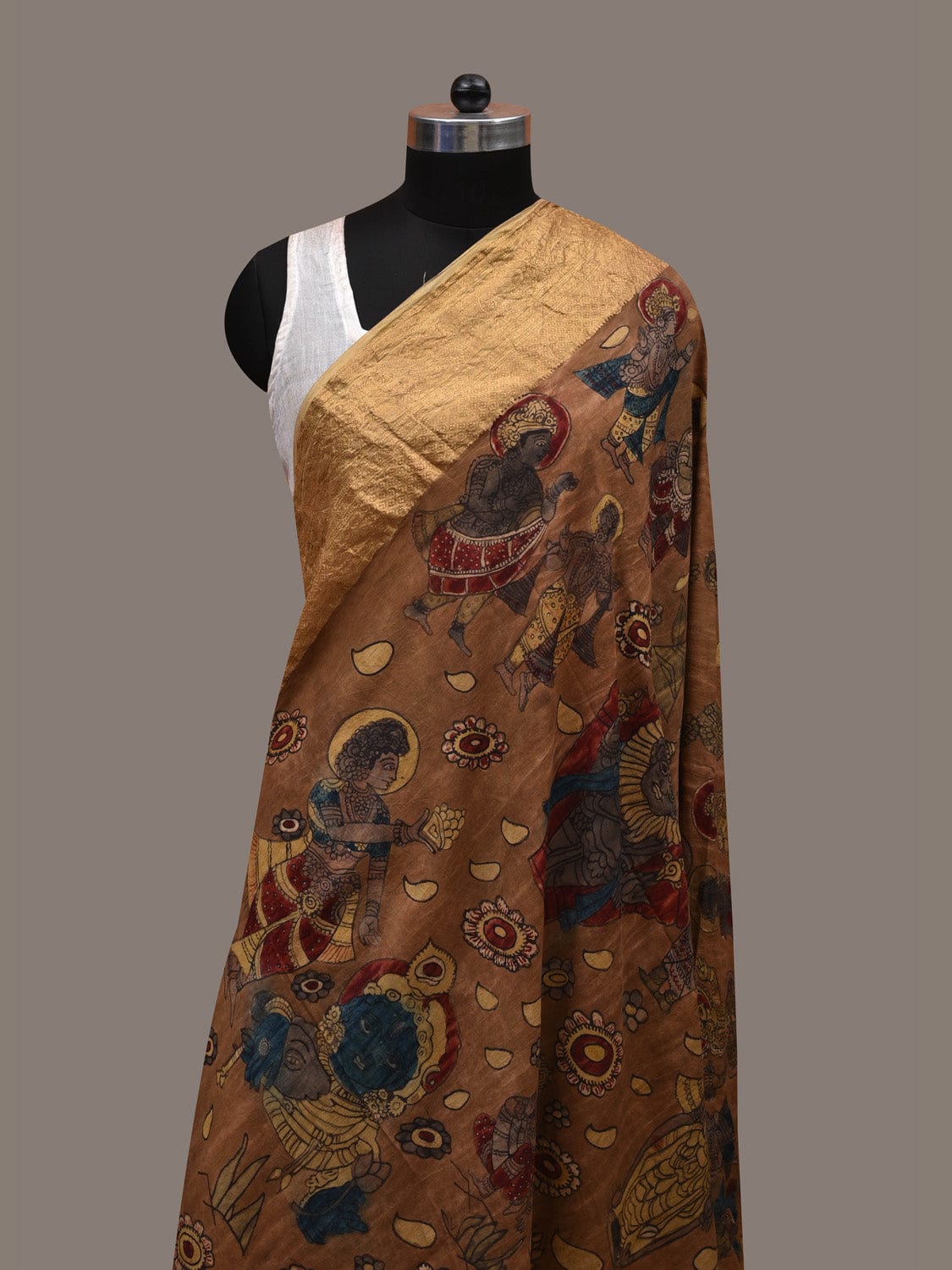 Brown Kalamkari Hand Painted Kanchipuram Silk Handloom Dupatta with Dashavatar Design ds2815